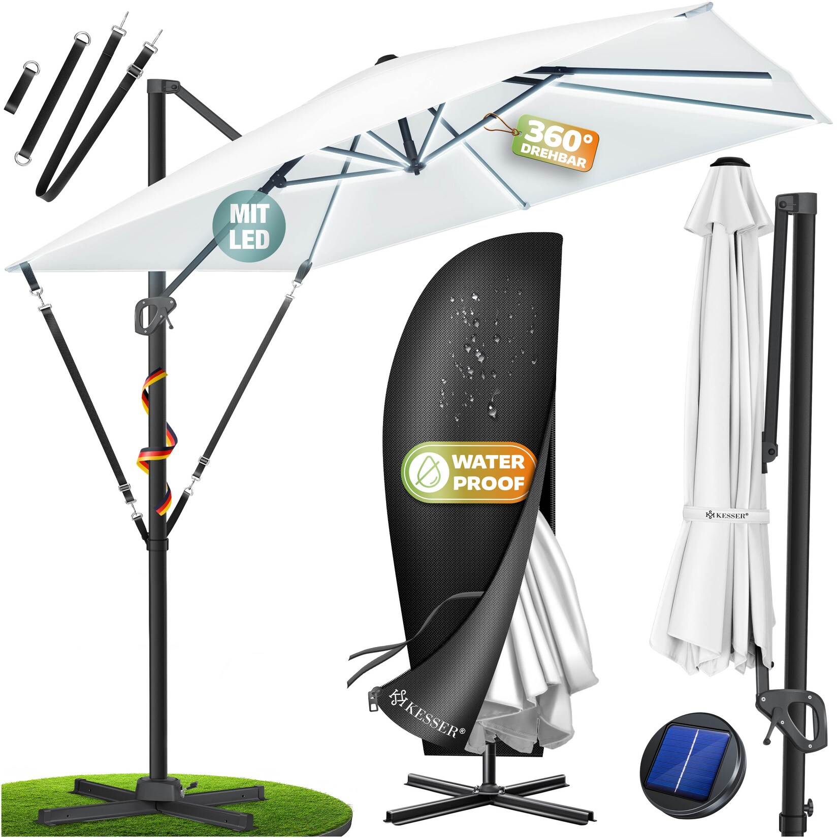 KESSER® Sonnenschirm Ampelschirm SUN XL 300 x 300 cm Inkl. Abdeckung +Windsicherung Drehbar Neigbar Kippbar Marktschirm Groß 360° Rotation, …