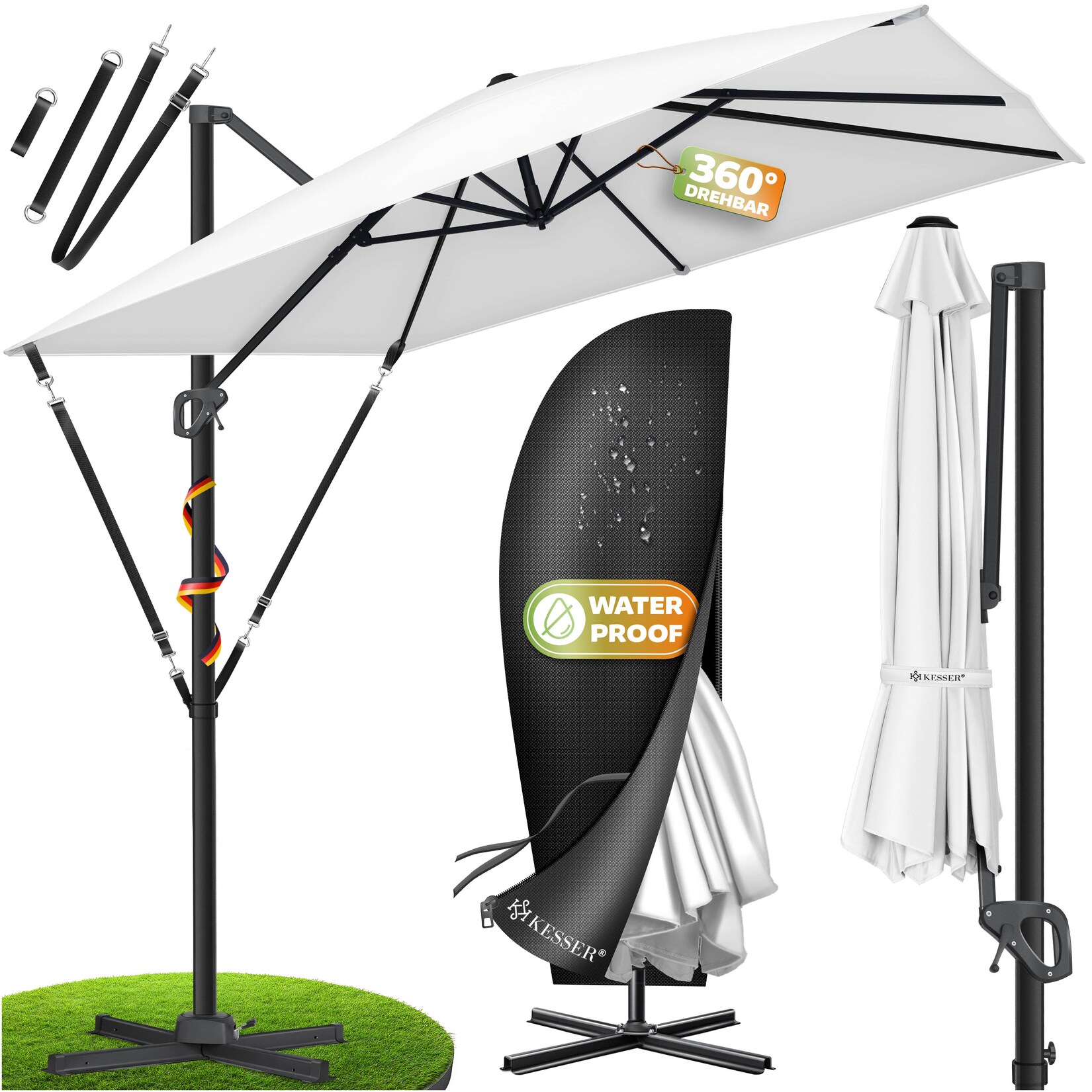 KESSER® Sonnenschirm Ampelschirm SUN XL 300 x 300 cm Inkl. Abdeckung +Windsicherung Drehbar Neigbar Kippbar Marktschirm Groß 360° Rotation, …