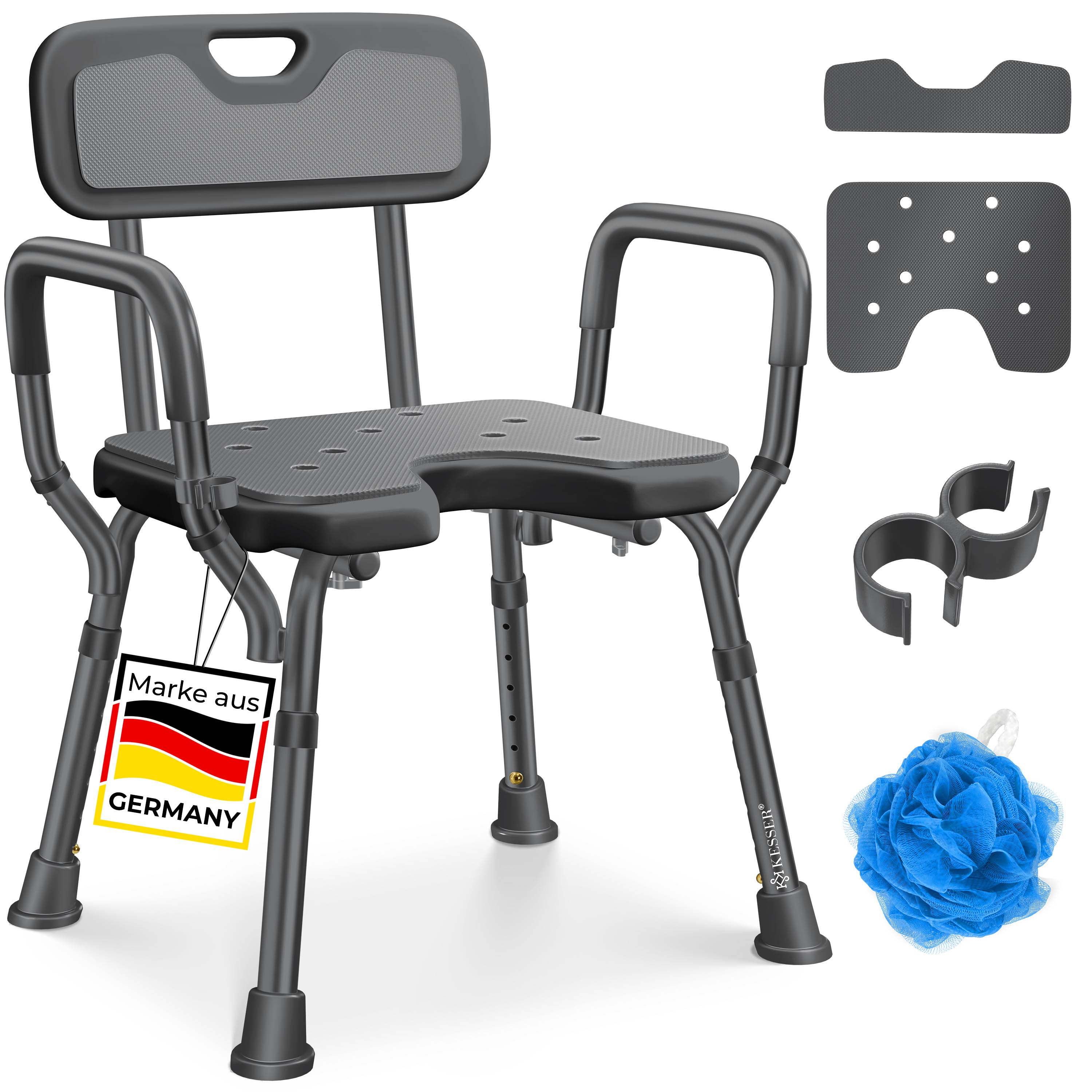 KESSER&reg; Duschhocker mit Lehne h&ouml;henverstellbar in 6 Stufen 38-54cm | Badhocker 150KG belastbar Duschstuhl Anti-Rutsch F&uuml;&szlig;e & Matten | Duschhilfe Senioren & Schwangere Duschsitz mit Brausehalterung - Bild 1