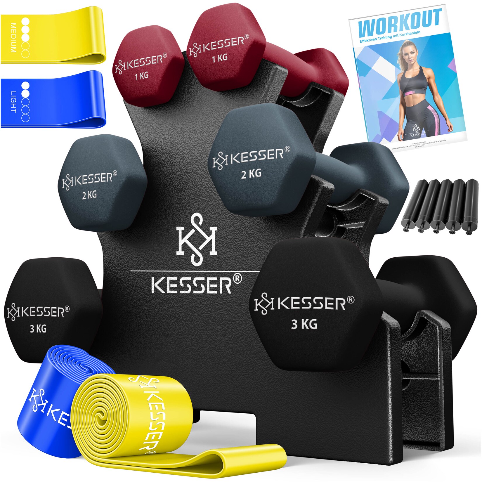 KESSER® Hantel-Set, 3 Paar, 1kg - 5kg, 12kg oder 18kg kurzhanteln mit Ständer Aufbewahrung, Fitnessstudio, Krafttraining, Hantelset rutschfeste Neopren, Mit Übungsheft, 2x Fitnessbänder