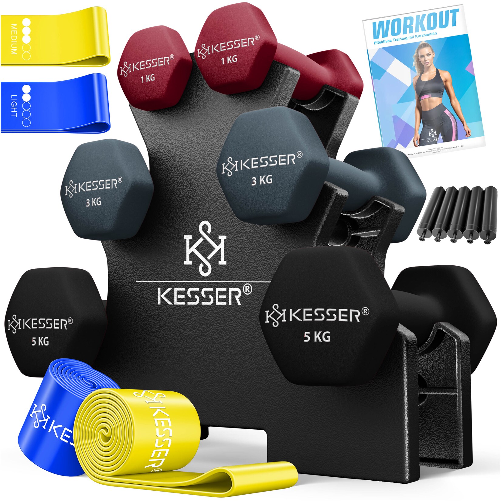 KESSER® Hantel-Set, 3 Paar, 1kg – 5kg, 12kg oder 18kg kurzhanteln mit Ständer Aufbewahrung, Fitnessstudio, Krafttraining, Hantelset rutschfeste Neopren, Mit Übungsheft, 2x Fitnessbänder | 04255598363334