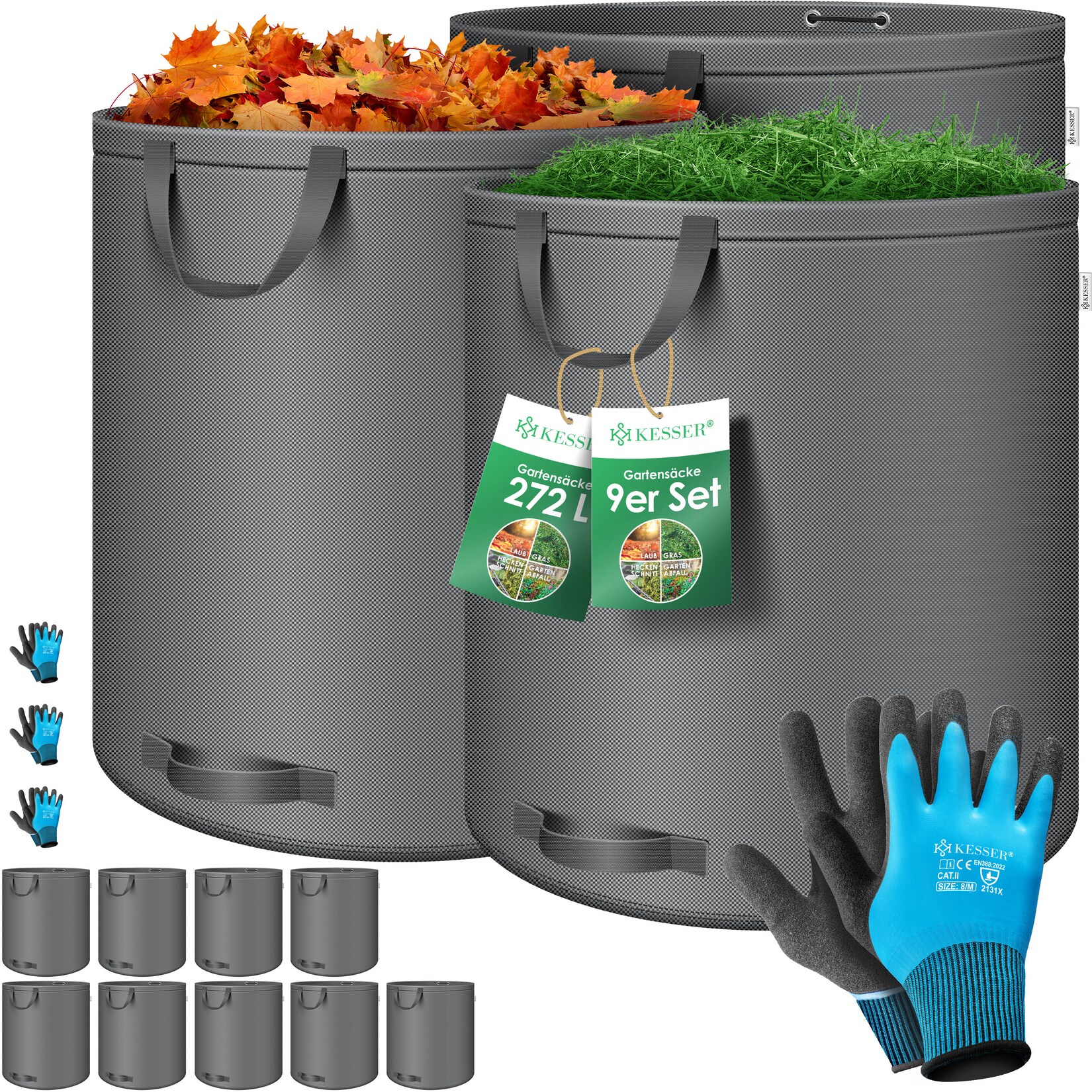 KESSER® Gartensack Set Laubsack Gartenabfallsack inkl. Handschuhe - Selbststehend 4 Griffe Stabil Robust & Faltbar - Laubsäcke Rasenschnitt Gartensäcke für Gartenabfälle Grünschnitt