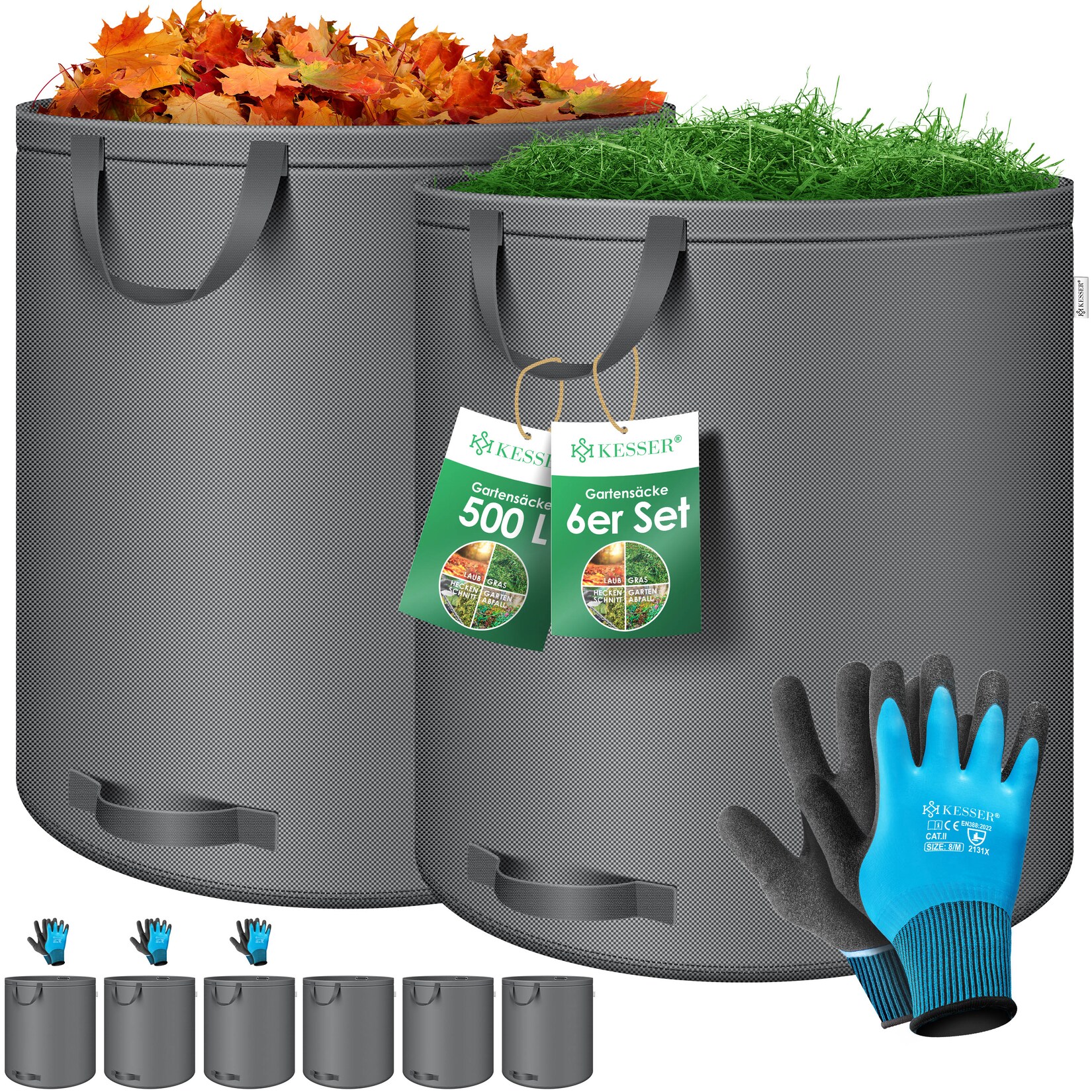 KESSER® Gartensack Set Laubsack Gartenabfallsack inkl. Handschuhe - Selbststehend 4 Griffe Stabil Robust & Faltbar - Laubsäcke Rasenschnitt Gartensäcke für Gartenabfälle Grünschnitt