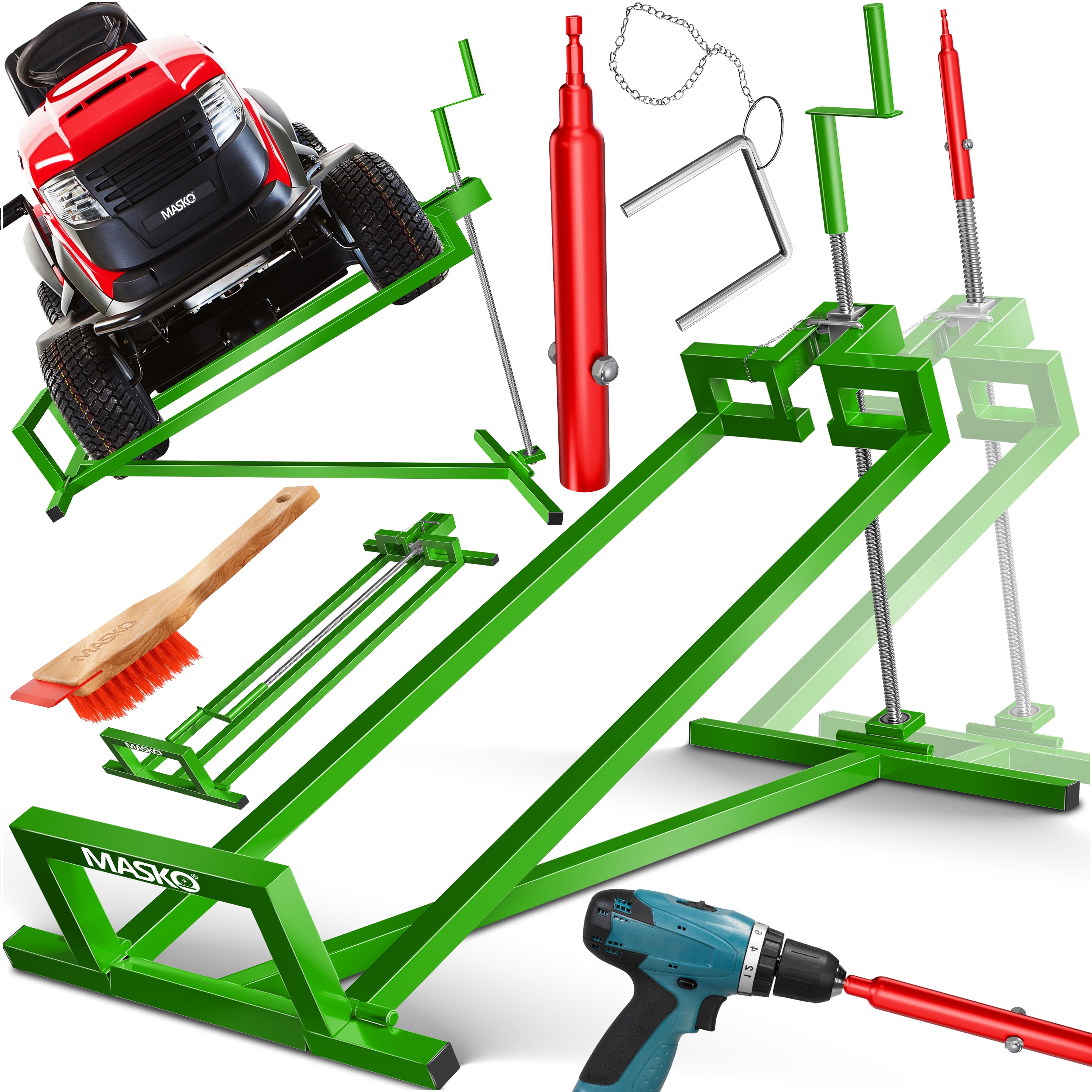 MASKO&reg; XXL Rasentraktorheber 450 kg Hebevorrichtung Hebeb&uuml;hne Aufsitzm&auml;her Reinigungshilfe universal, Rasentraktor-Heber, Rasentraktor +45&deg; Neigung verstellbar inkl. B&uuml;rste - Bild 1