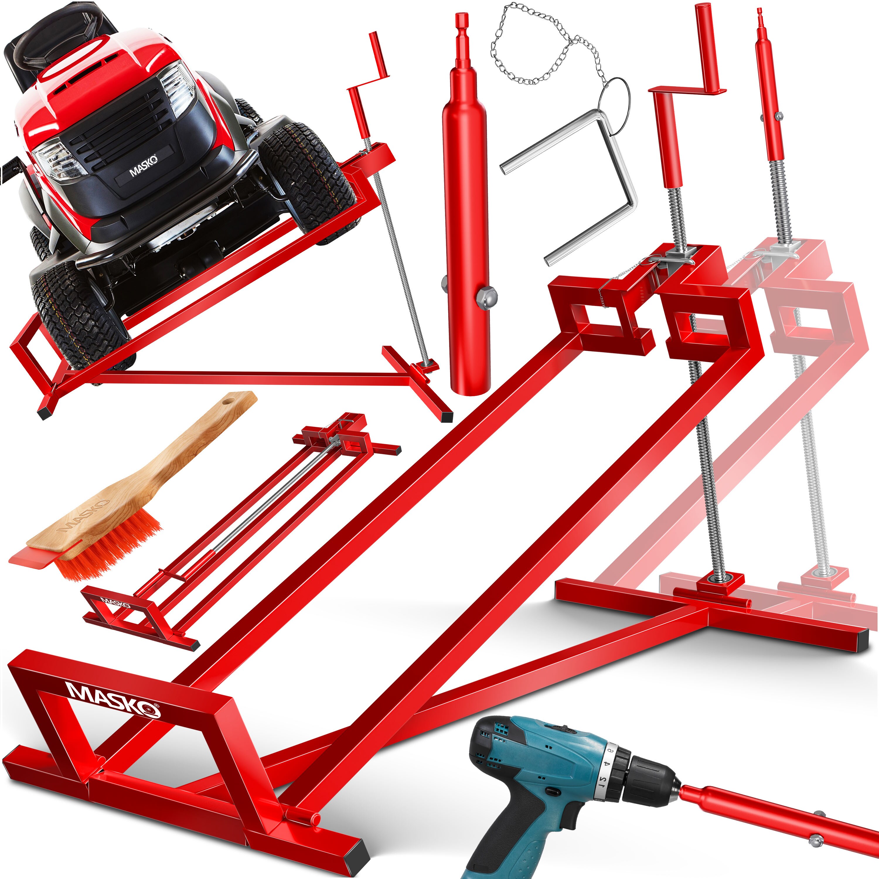 MASKO&reg; XXL Rasentraktorheber 450 kg Hebevorrichtung Hebeb&uuml;hne Aufsitzm&auml;her Reinigungshilfe universal, Rasentraktor-Heber, Rasentraktor +45&deg; Neigung verstellbar inkl. B&uuml;rste - Bild 1