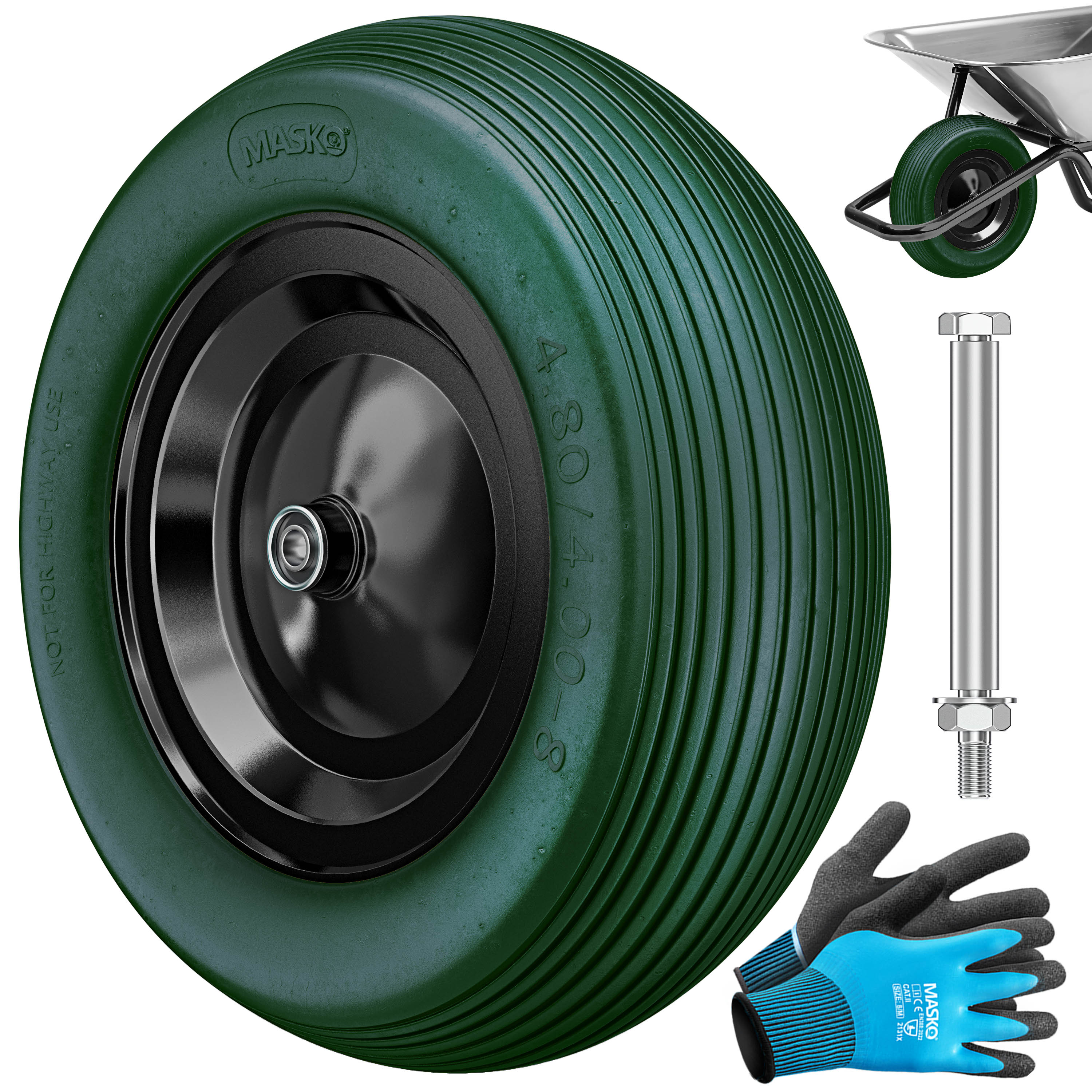 MASKO&reg; PU Schubkarrenrad Vollgummi 200 kg pannensicher 4.80/4.00-8 &Oslash; 390mm inkl. Achse Ersatzrad Gummirad Stahlfelge Reifen pannensicher f&uuml;r Schubkarre Gartenkarren pannensicheres PU Rad - Bild 1