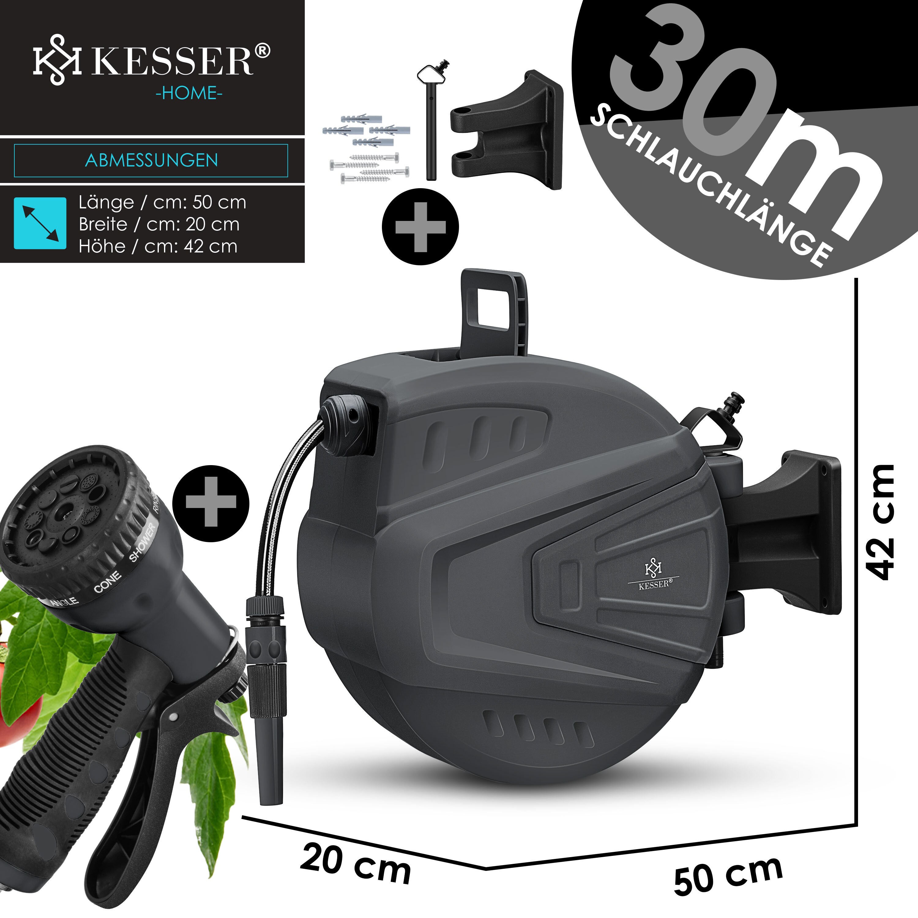 KESSER® Schlauchtrommel Wasser Schlauchaufroller Inkl. 2-Wege-Verteiler + Multi-Handbrause Wasserschlauchtrommel Automatik | 180° Schwenkbar | Wandhalterung | Gartenschlauch