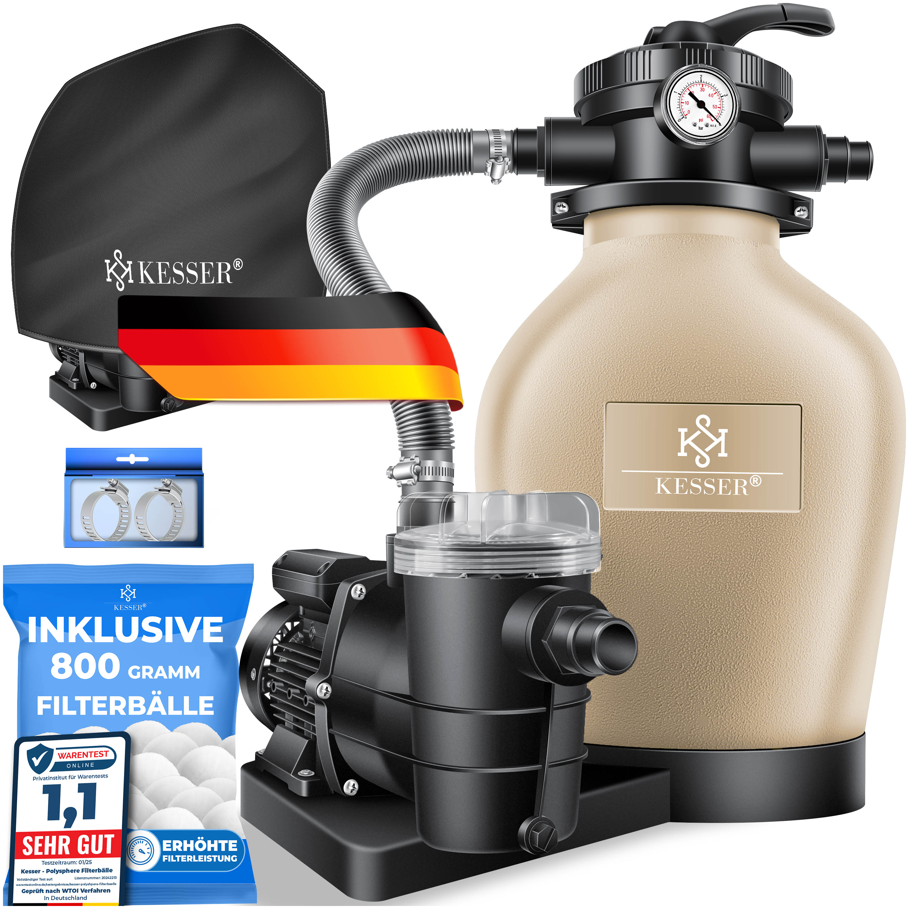 KESSER&reg; Sandfilteranlage Sandfilter + 800g Filterb&auml;lle ersetzen 25kg Filtersand 7-Wege Ventil mit Druckanzeige Poolfilter 10 m&sup3;/h Filteranlage Filterkessel f&uuml;r Pool Schwimmbecken 10.200 L/h - Bild 1