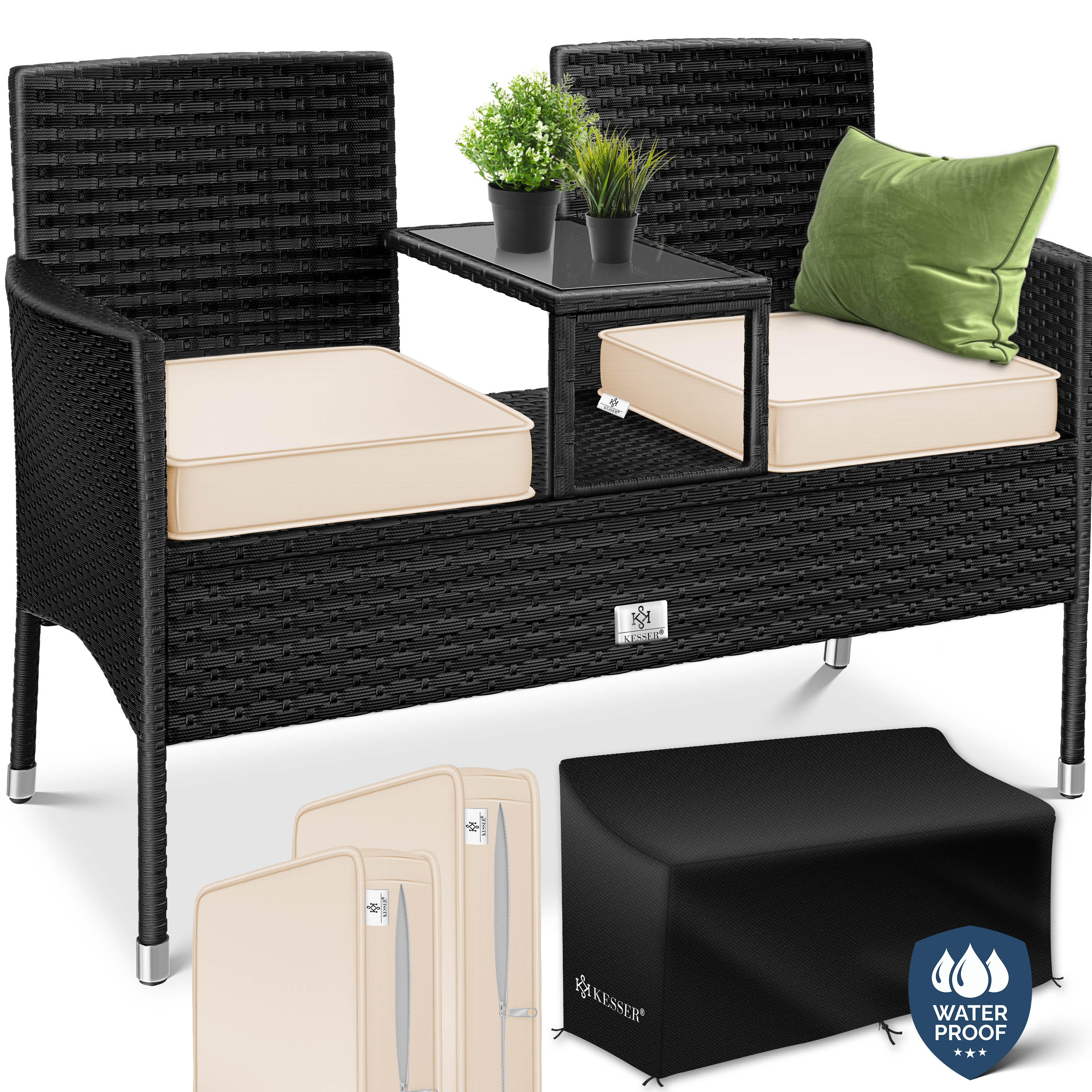 KESSER&reg; Polyrattan Gartenbank 2-Sitzer Bank mit integriertem inkl. Tisch & Kissen - 133 &times; 55 &times; 84 cm - Rattan Sitzbank Garten Balkon Gartensofa wetterfest Sitzgruppe Ultra Stabile - Bild 1