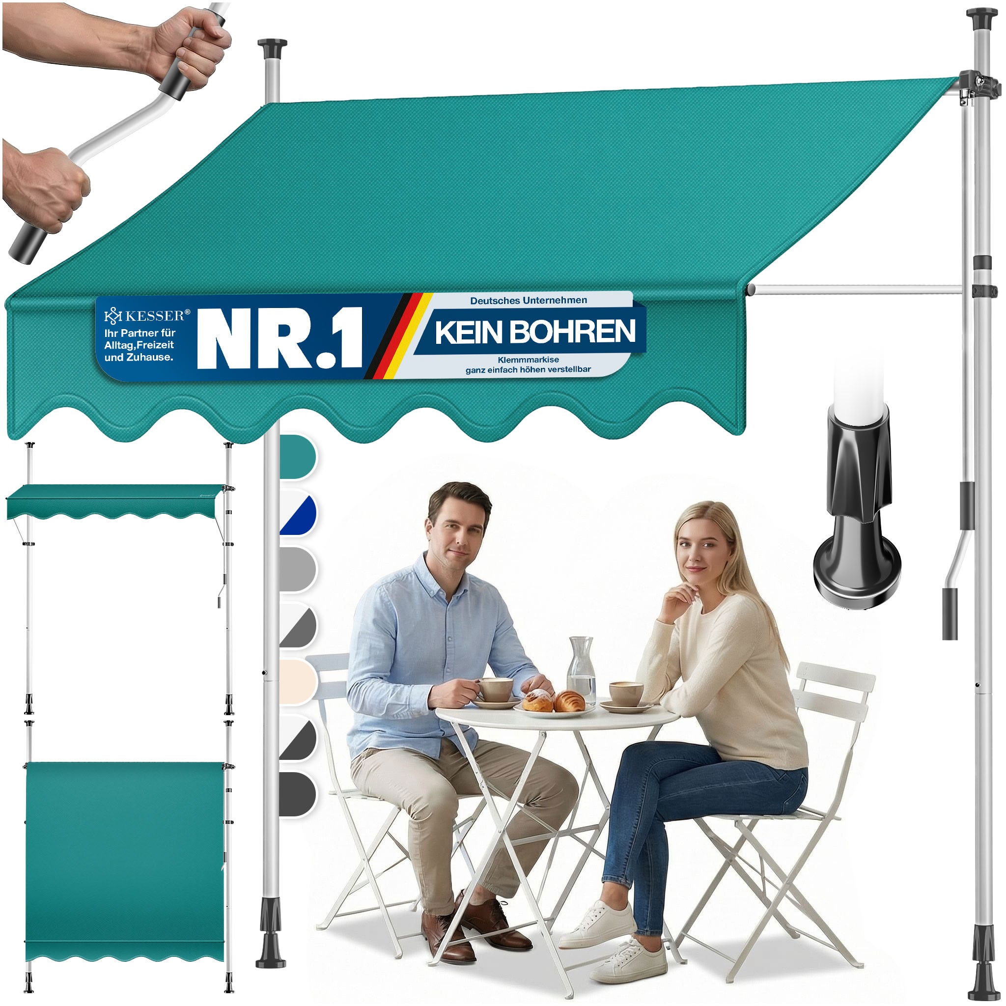 KESSER&reg; Klemmmarkise mit Handkurbel Balkon, Balkonmarkise ohne Bohren, UV-best&auml;ndig h&ouml;henverstellbar wasserabweisend , Sonnenschutz, Terrassen&uuml;berdachung , einfache Montage - Bild 1
