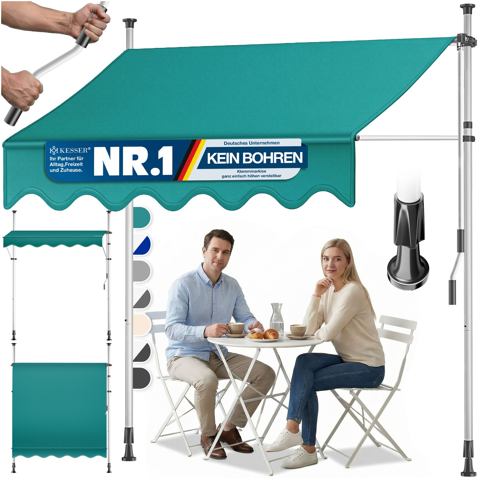 ® Klemmmarkise mit Handkurbel Balkon, Balkonmarkise ohne Bohren, UV-beständig höhenverstellbar wasserabweisend , Sonnenschutz, Terrassenüberdachung , einfache Montage