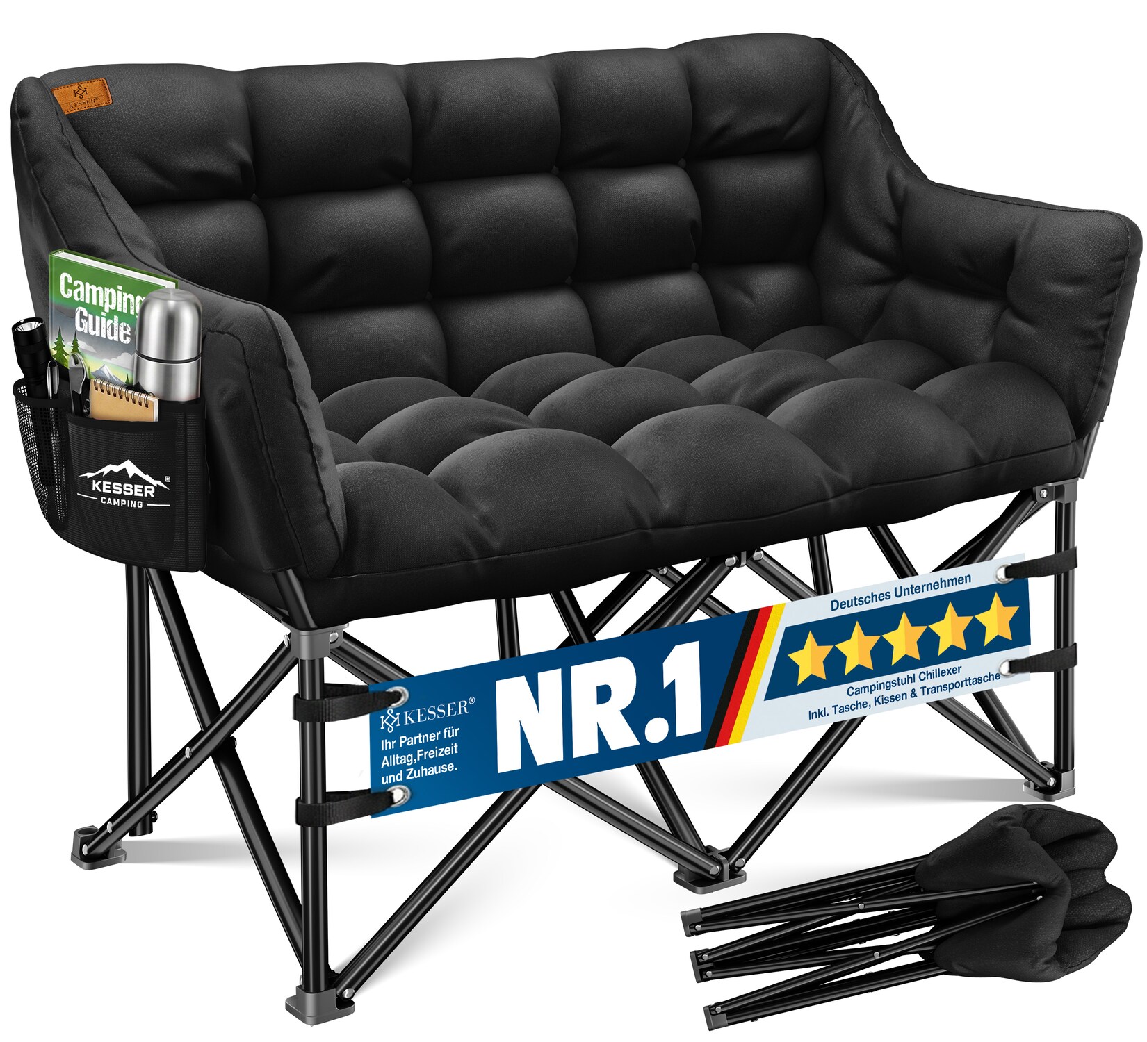 KESSER® Campingsofa faltbar, Campingcouch breit, gepolstert mit Seitentaschen & Tasche, Faltsofa DUO, Campingstuhl Indoor & Outdoor, Camping, Festival, Angeln & Garten