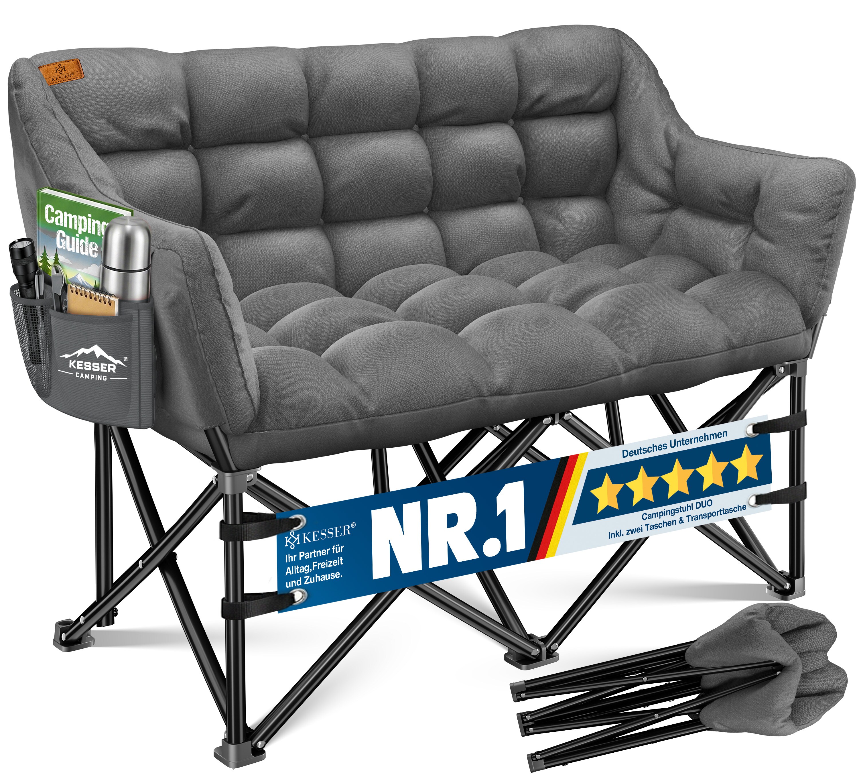 KESSER&reg; Campingsofa faltbar, Campingcouch breit, gepolstert mit Seitentaschen & Tasche, Faltsofa DUO, Campingstuhl Indoor & Outdoor, Camping, Festival, Angeln & Garten - Bild 1