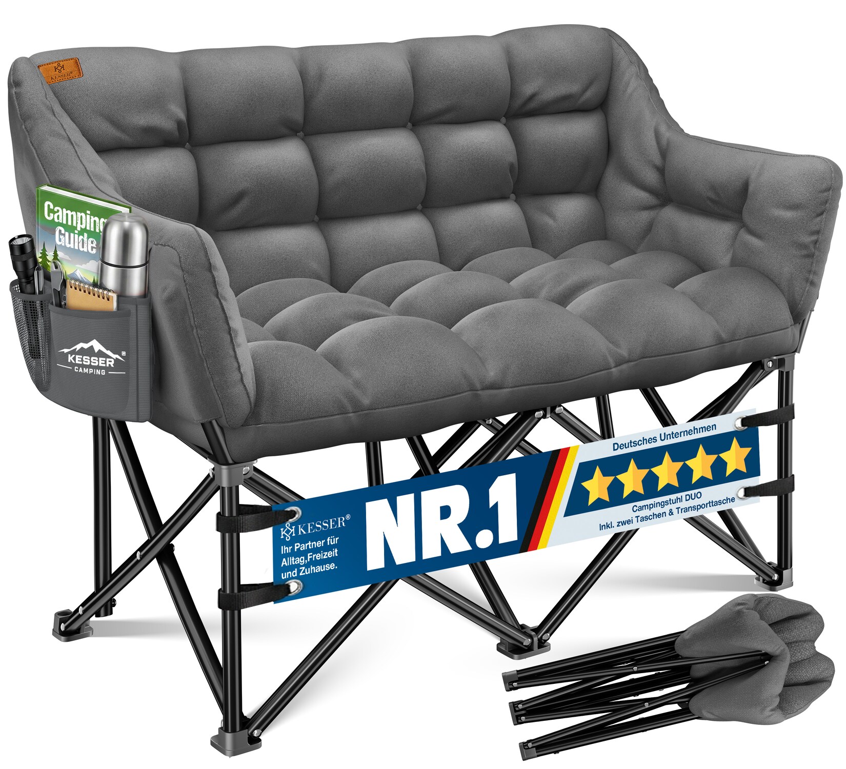 KESSER® Campingsofa faltbar, Campingcouch breit, gepolstert mit Seitentaschen & Tasche, Faltsofa DUO, Campingstuhl Indoor & Outdoor, Camping, Festival, Angeln & Garten