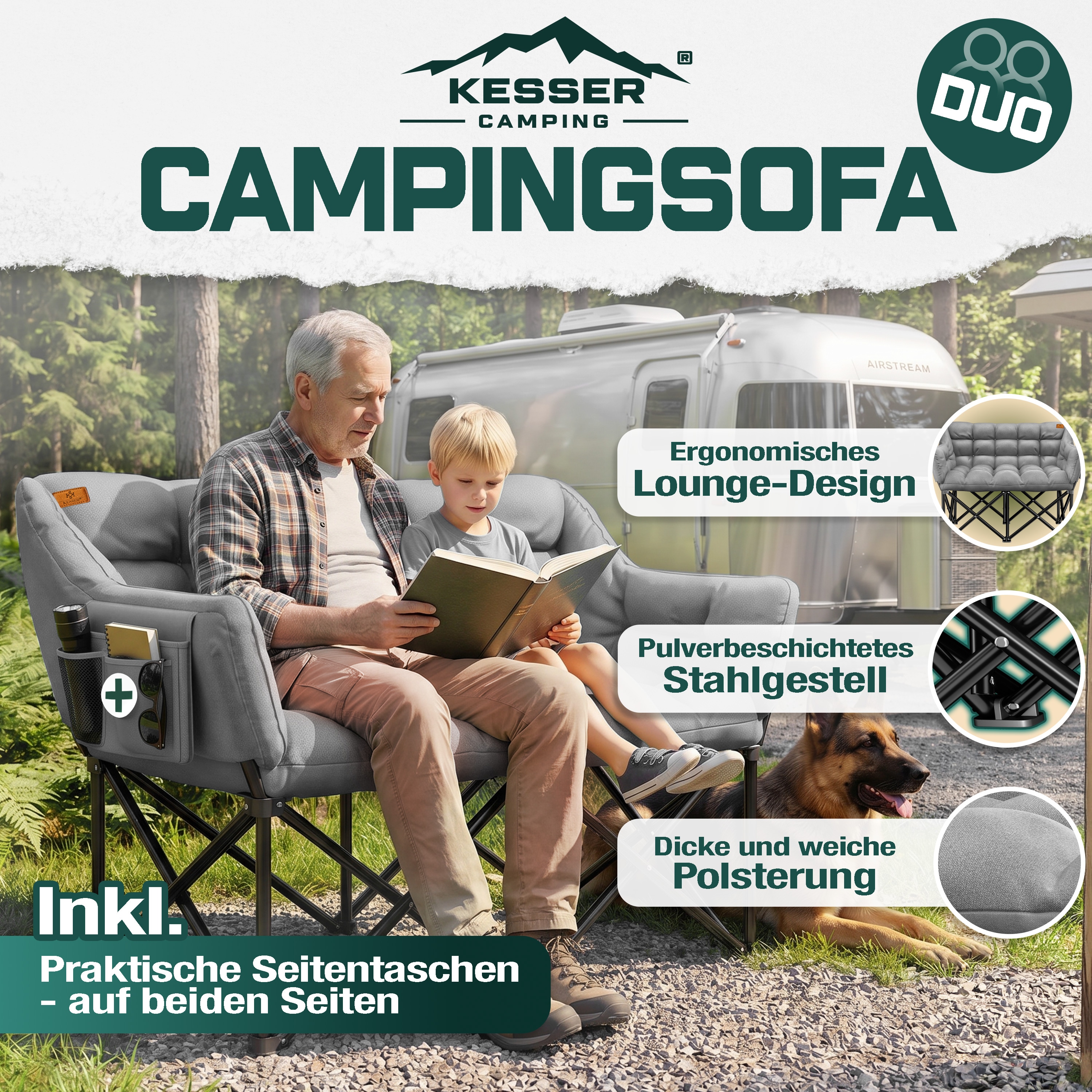KESSER&reg; Campingsofa faltbar, Campingcouch breit, gepolstert mit Seitentaschen & Tasche, Faltsofa DUO, Campingstuhl Indoor & Outdoor, Camping, Festival, Angeln & Garten - Bild 1