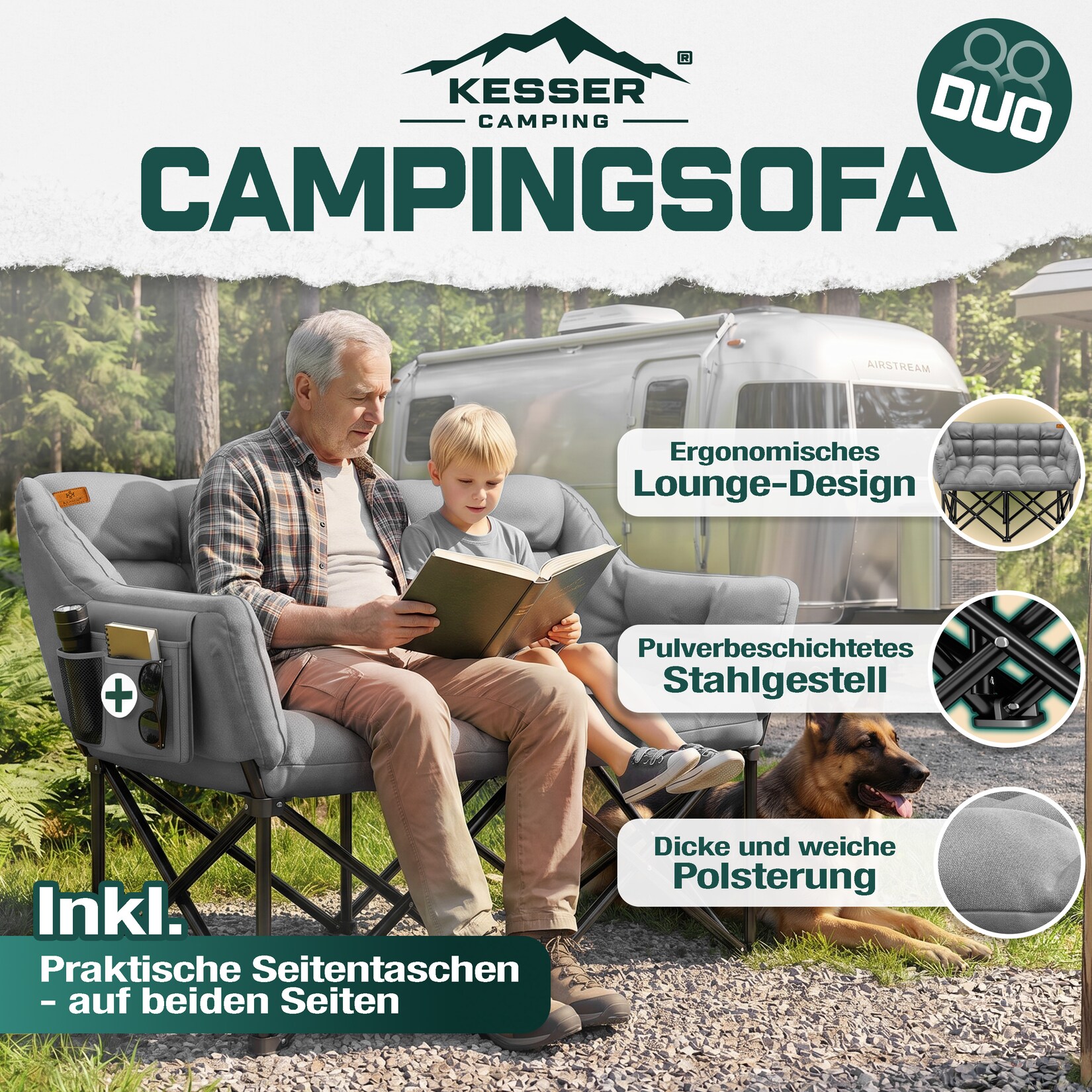 KESSER® Campingsofa faltbar, Campingcouch breit, gepolstert mit Seitentaschen & Tasche, Faltsofa DUO, Campingstuhl Indoor & Outdoor, Camping, Festival, Angeln & Garten