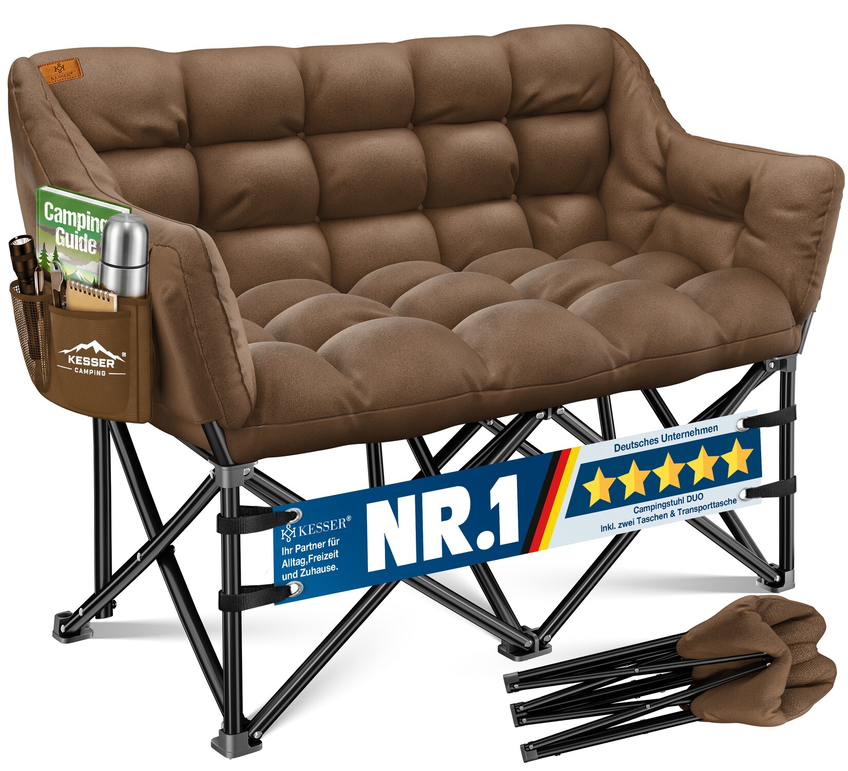 KESSER® Campingsofa faltbar, Campingcouch breit, gepolstert mit Seitentaschen & Tasche, Faltsofa DUO, Campingstuhl Indoor & Outdoor, Camping, Festival, Angeln & Garten