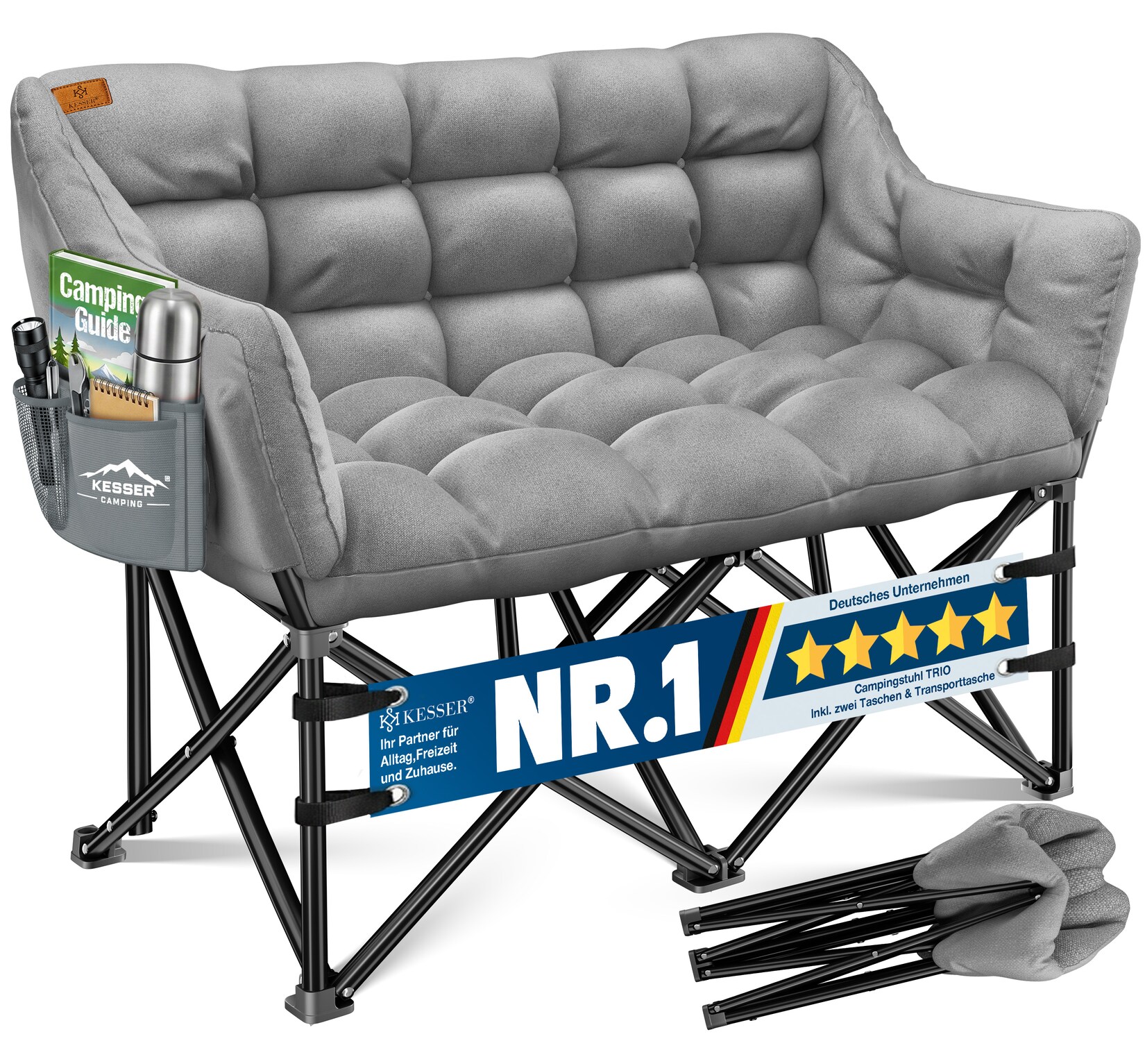 KESSER® Campingsofa faltbar, Campingcouch breit, gepolstert mit Seitentaschen & Tasche, Faltsofa DUO, Campingstuhl Indoor & Outdoor, Camping, Festival, Angeln & Garten