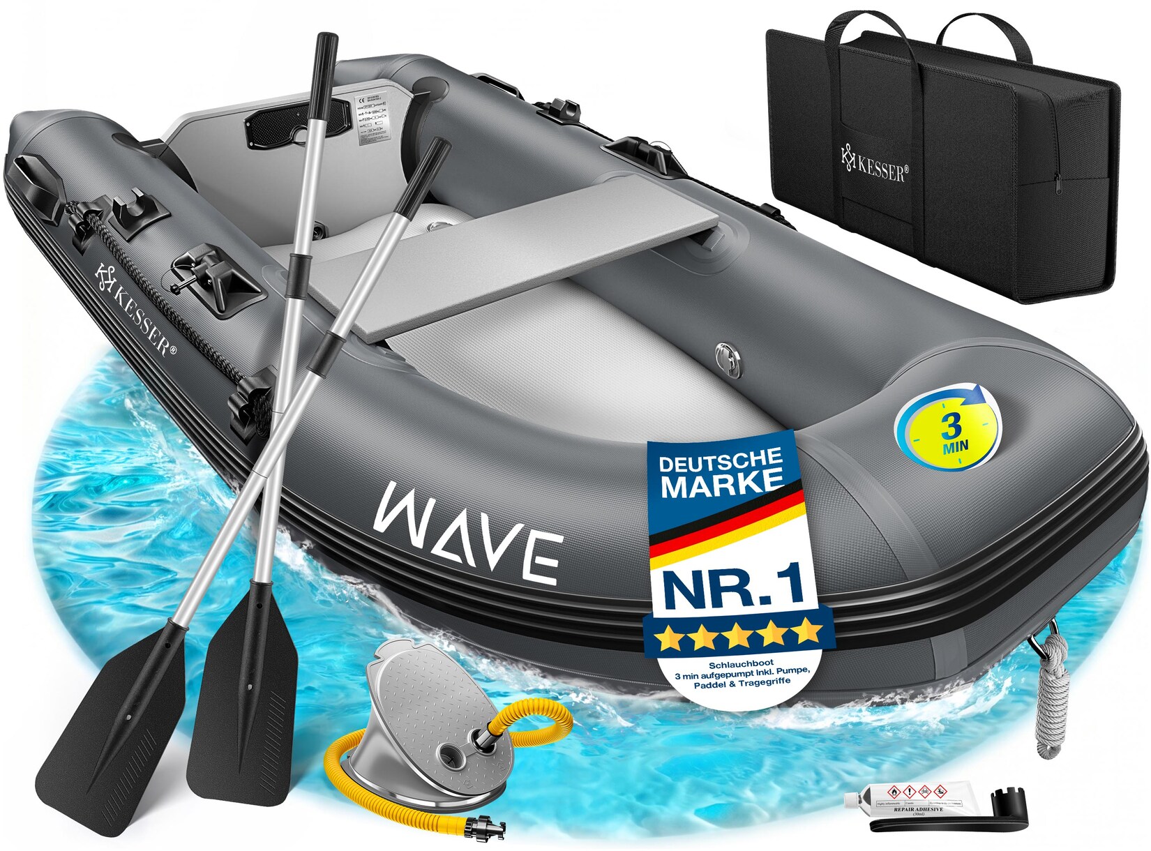 KESSER® Schlauchboot für 2 - 4 Personen - WAVE Motor geeignet Freizeitboot Paddelboot Motorboot Angelboot - mit 1 - 2 Sitzbänken - Alu-Boden Paddel Pumpe Reparaturset & Tasche aufblasbar PVC