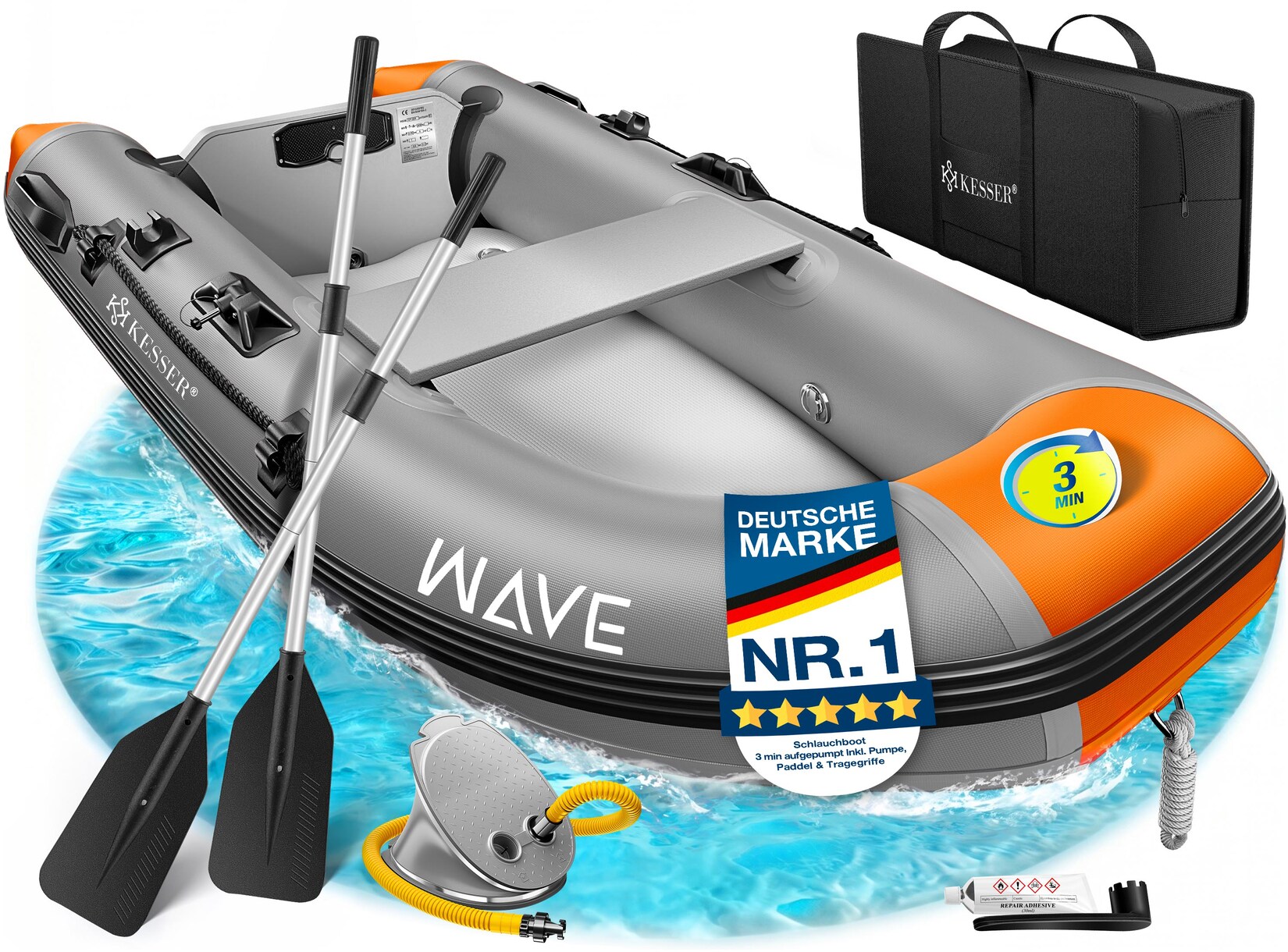 KESSER® Schlauchboot für 2 - 4 Personen - WAVE Motor geeignet Freizeitboot Paddelboot Motorboot Angelboot - mit 1 - 2 Sitzbänken - Alu-Boden Paddel Pumpe Reparaturset & Tasche aufblasbar PVC