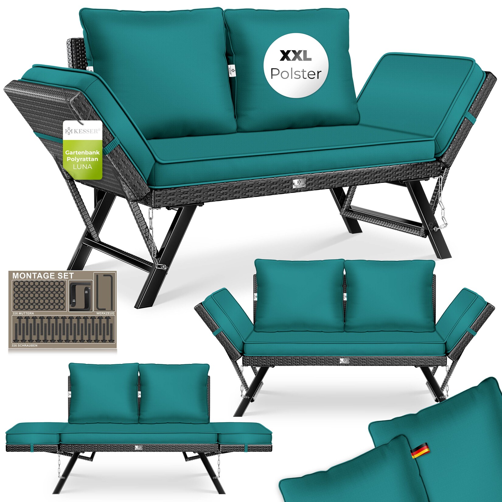 KESSER® Gartenbank Polyrattan Luna mit Liegefunktion Gartensofa 4-in-1 Verstellfunktion Gartencouch Wetterfest, Balkonsofa Verstellbare Armlehnen, Extra Dicke & Weiche Polster, Garten/Balkon/Terrasse