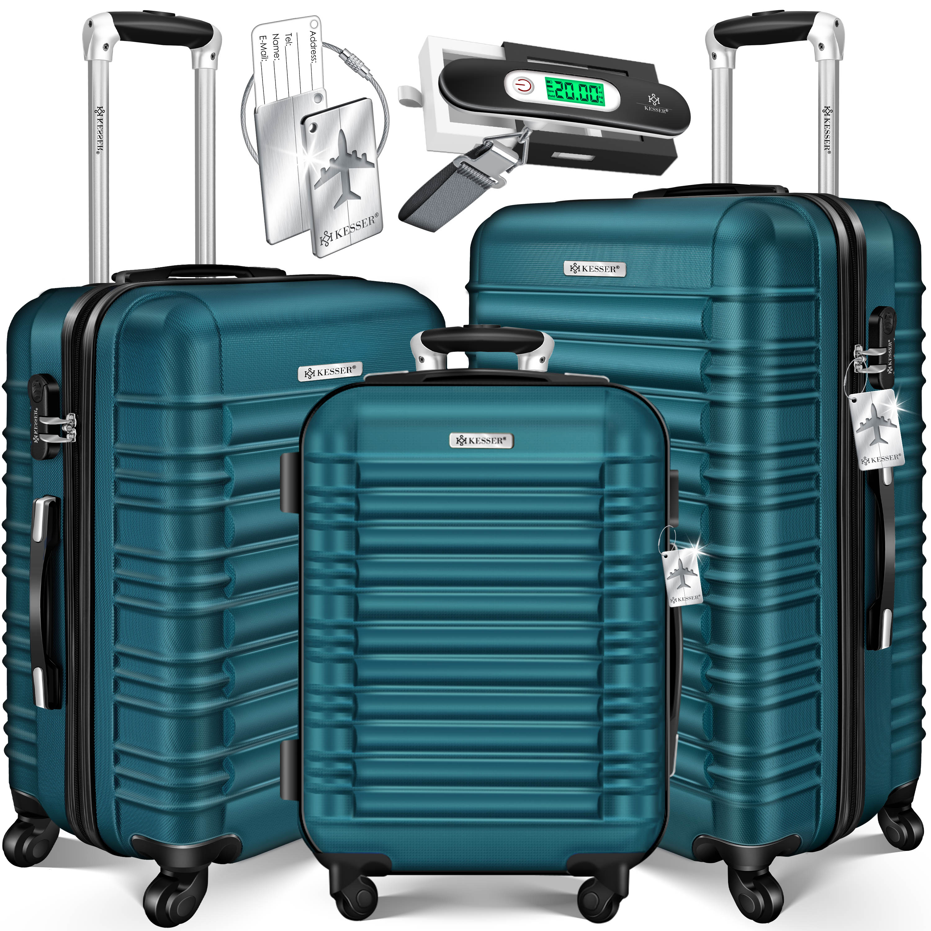 KESSER&reg; 3tlg. Hartschalenkofferset Hartschalenkoffer Reisekoffer Set Reisekofferset Trolley Koffer Inkl. Kofferwaage + Gep&auml;ckanh&auml;nger Rollkoffer Schloss 4 Rollen ABS-Hartschale Teleskopgriff M-L-XL - Bild 1