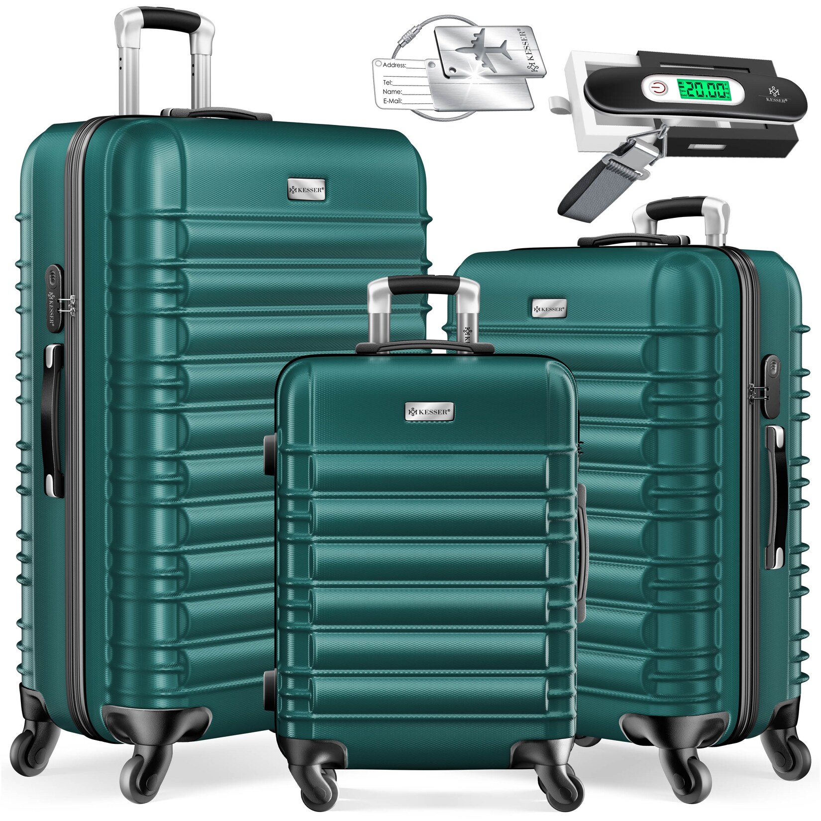 KESSER® 3tlg. Hartschalenkofferset Hartschalenkoffer Reisekoffer Set Reisekofferset Trolley Koffer Inkl. Kofferwaage + Gepäckanhänger Rollkoffer Schloss 4 Rollen ABS-Hartschale Teleskopgriff M-L-XL