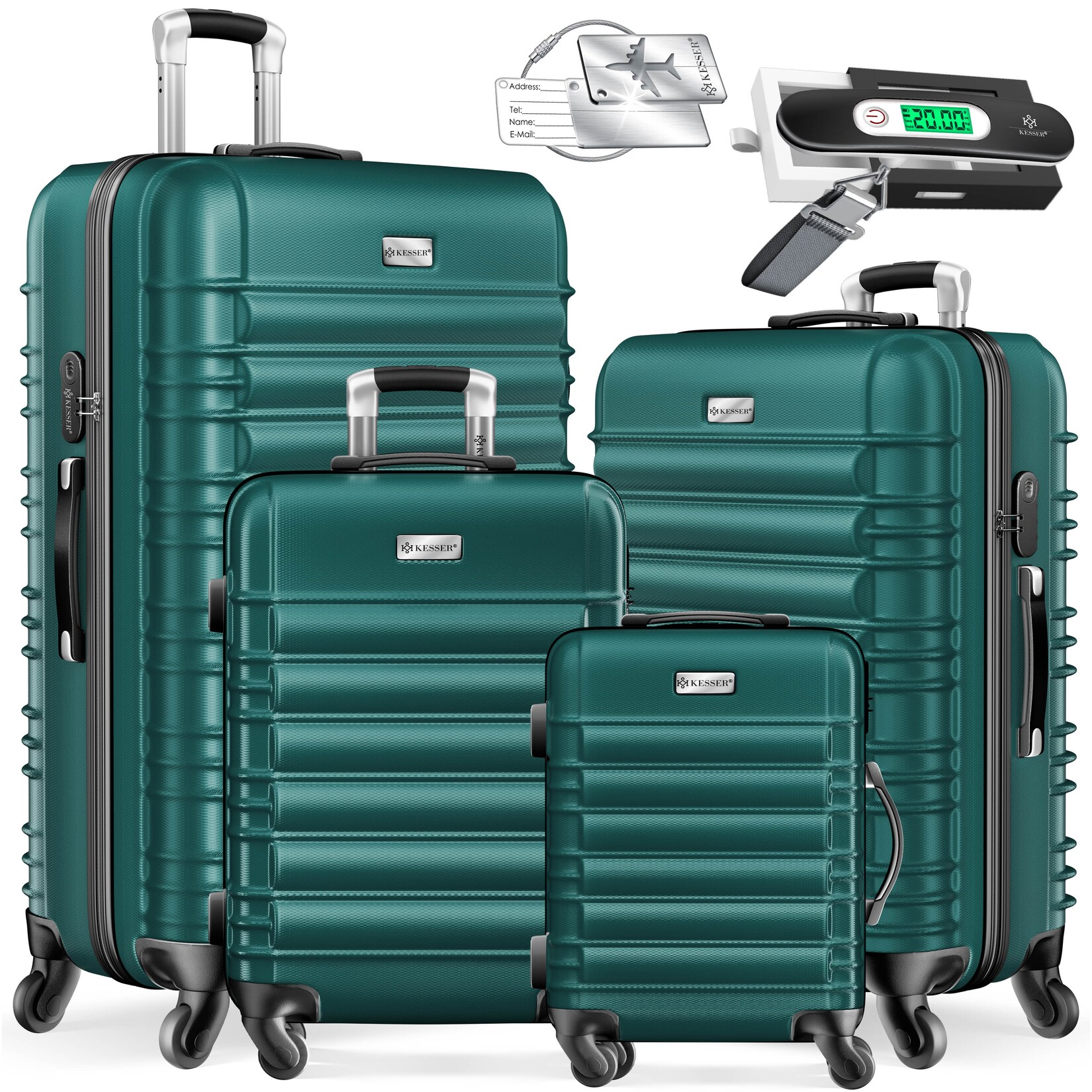 KESSER® 4tlg. Hartschalenkofferset Hartschalenkoffer Reisekoffer Set Reisekofferset Trolley Koffer Inkl. Kofferwaage + Gepäckanhänger Rollkoffer Schloss 4 Rollen ABS-Hartschale Teleskopgriff S-M-L-XL