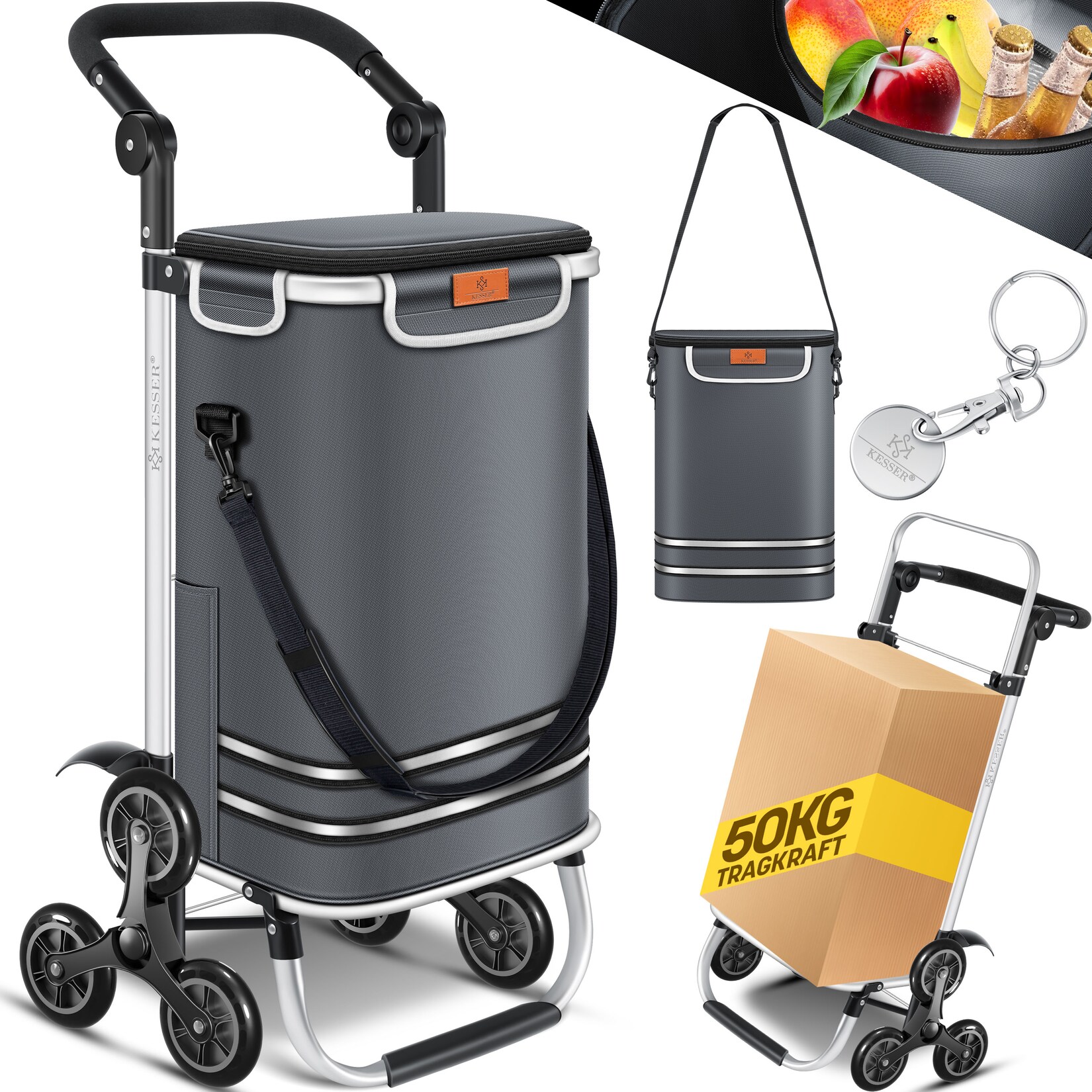 KESSER® Einkaufstrolley Treppensteiger mit Kühlfach klappbar mit 56L Kapazität und belastbar bis 50kg 3in1 Trolley Sackkarre & Umhängetasche Faltbarer Einkaufswagen inkl. Einkaufschip