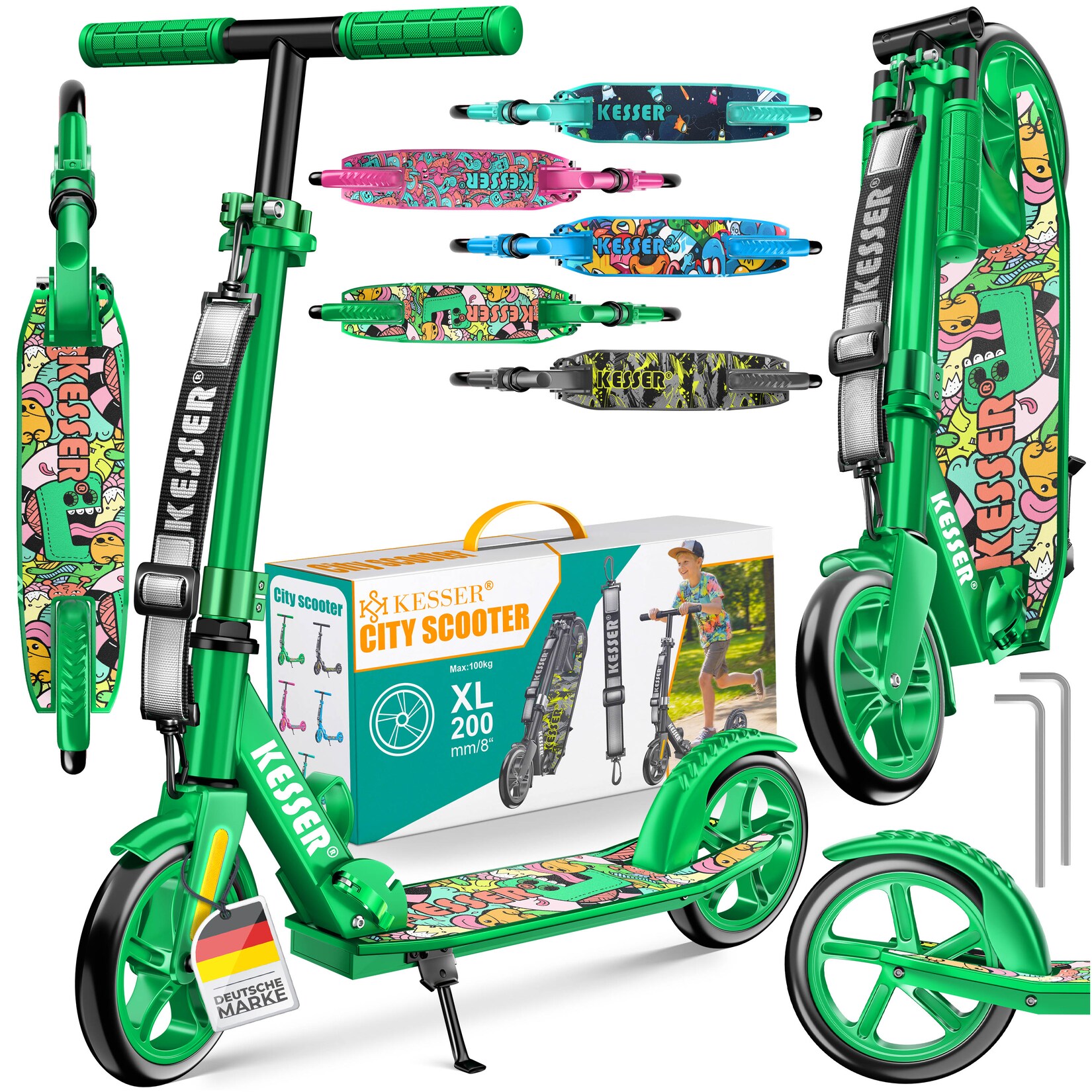 KESSER® Scooter Roller Kinderroller Cityroller Tretroller Kickroller klappbar höhenverstellbar, Kickscooter bis 100kg, Hinterradbremse, rutschfeste Trittfläche, bis 185cm Körpergröße, inkl. Tragegurt