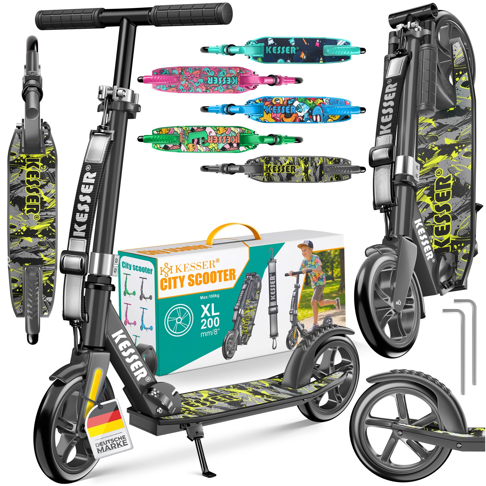 KESSER® Scooter Roller Kinderroller Cityroller Tretroller Kickroller klappbar höhenverstellbar, Kickscooter bis 100kg, Hinterradbremse, rutschfeste Trittfläche, bis 185cm Körpergröße, inkl. Tragegurt