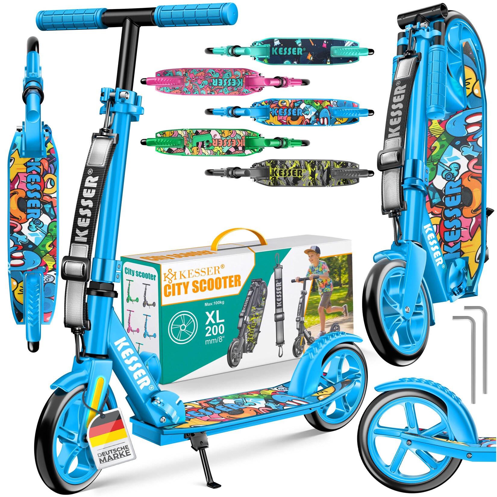 KESSER® Scooter Roller Kinderroller Cityroller Tretroller Kickroller klappbar höhenverstellbar, Kickscooter bis 100kg, Hinterradbremse, rutschfeste Trittfläche, bis 185cm Körpergröße, inkl. Tragegurt
