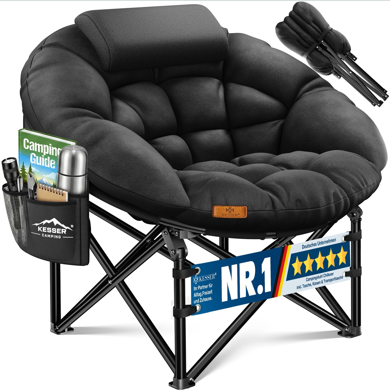 KESSER® Campingstuhl Chillexer faltbar 150 Kg Klappstuhl ultraleicht und breit, dickes Polster mit bequemen Kissen und Seitentasche, Cover, Outdoor + Indoor - rund, Camping, Angeln, Festival, Strand