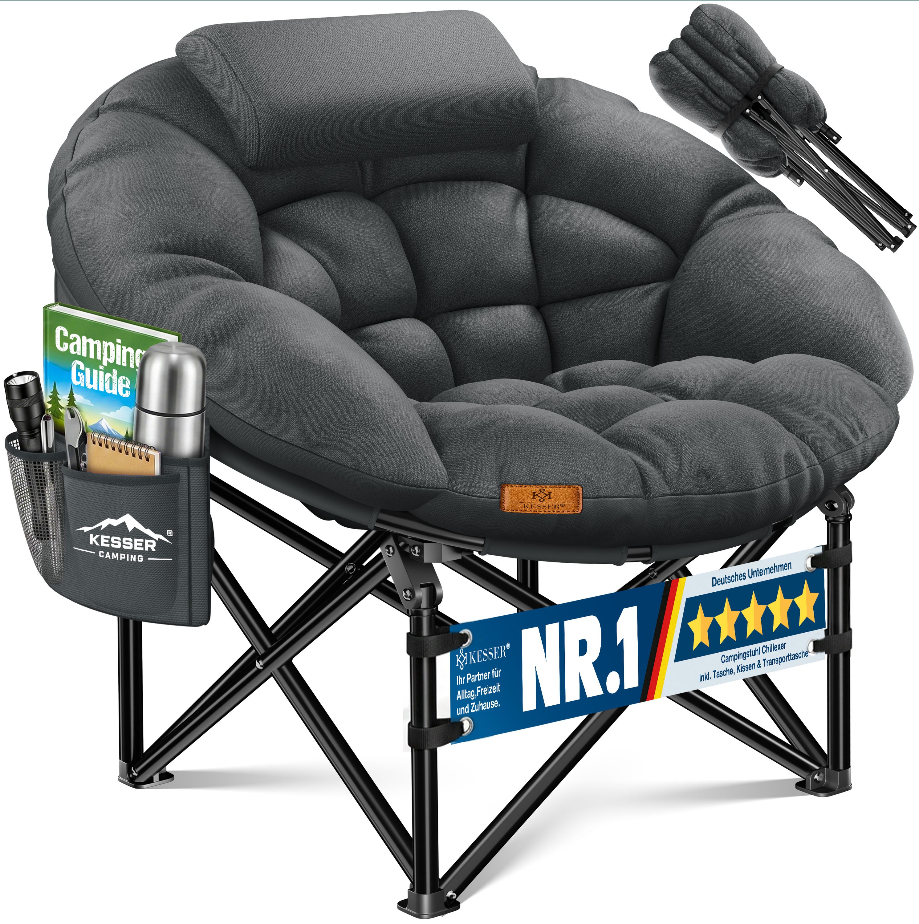 KESSER&reg; Campingstuhl Chillexer faltbar 150 Kg Klappstuhl ultraleicht und breit, dickes Polster mit bequemen Kissen und Seitentasche, Cover, Outdoor + Indoor - rund, Camping, Angeln, Festival, Strand - Bild 1