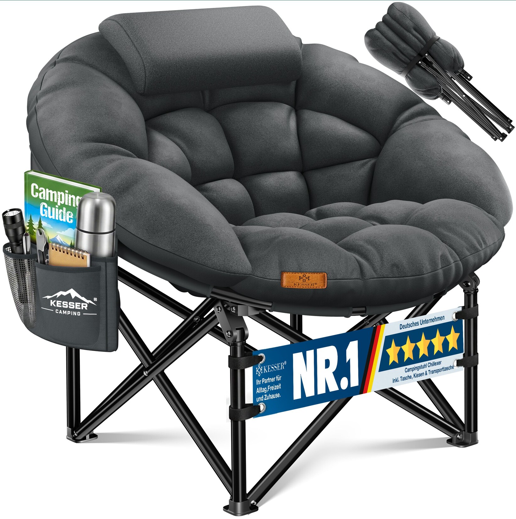 KESSER® Campingstuhl Chillexer faltbar 150 Kg Klappstuhl ultraleicht und breit, dickes Polster mit bequemen Kissen und Seitentasche, Cover, Outdoor + Indoor - rund, Camping, Angeln, Festival, Strand