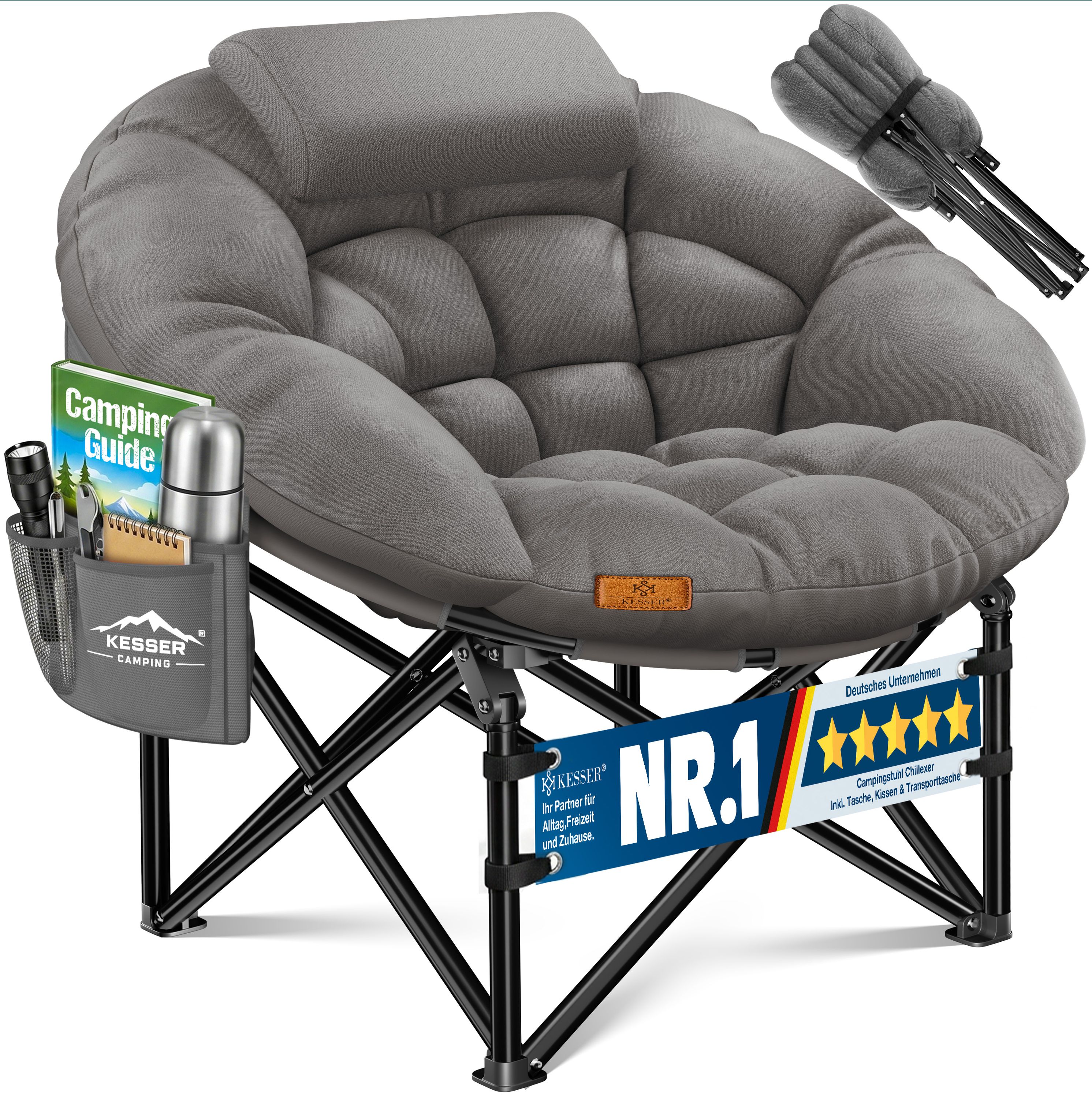 KESSER&reg; Campingstuhl Chillexer faltbar 150 Kg Klappstuhl ultraleicht und breit, dickes Polster mit bequemen Kissen und Seitentasche, Cover, Outdoor + Indoor - rund, Camping, Angeln, Festival, Strand - Bild 1