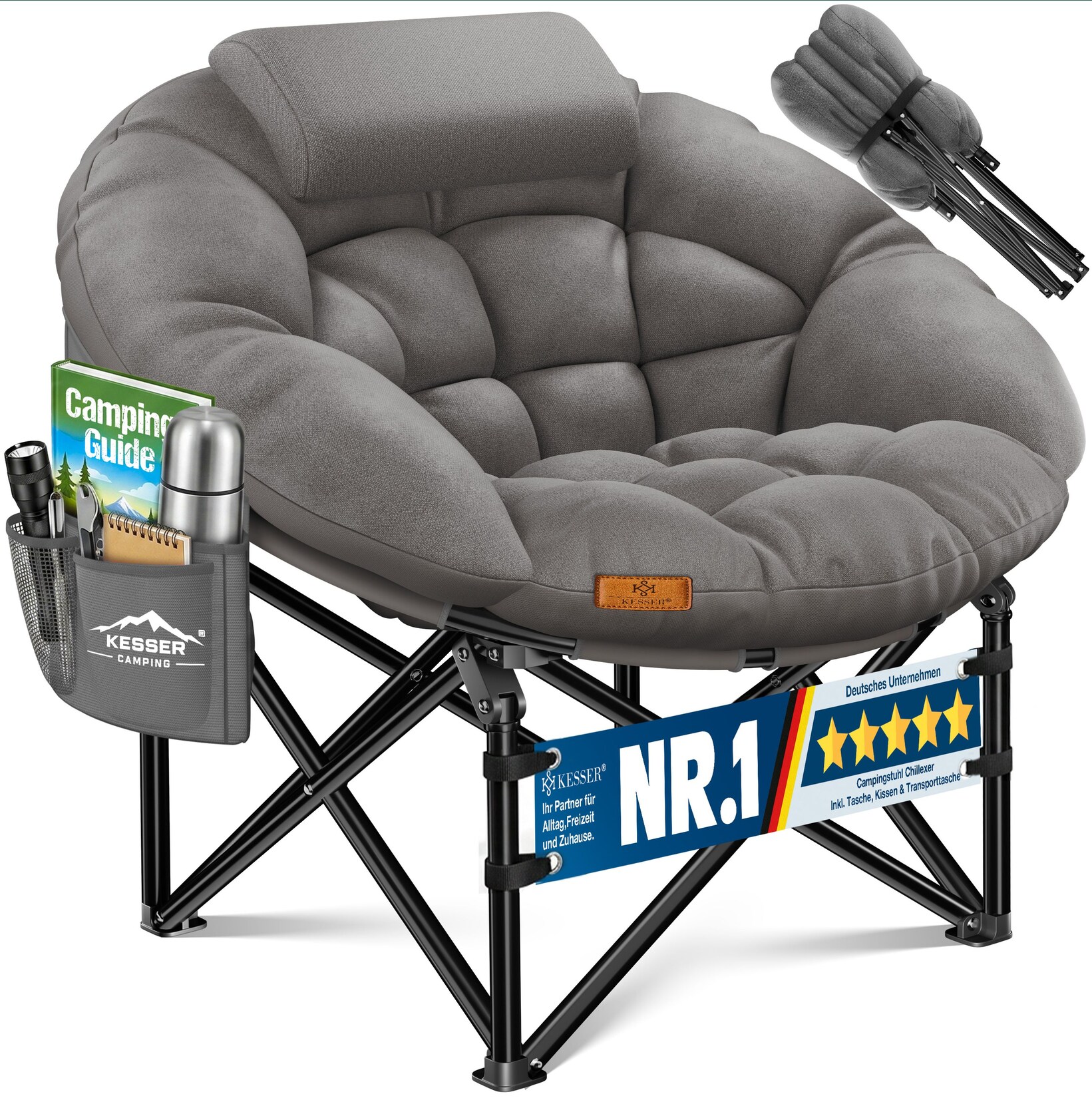 KESSER® Campingstuhl Chillexer faltbar 150 Kg Klappstuhl ultraleicht und breit, dickes Polster mit bequemen Kissen und Seitentasche, Cover, Outdoor + Indoor - rund, Camping, Angeln, Festival, Strand