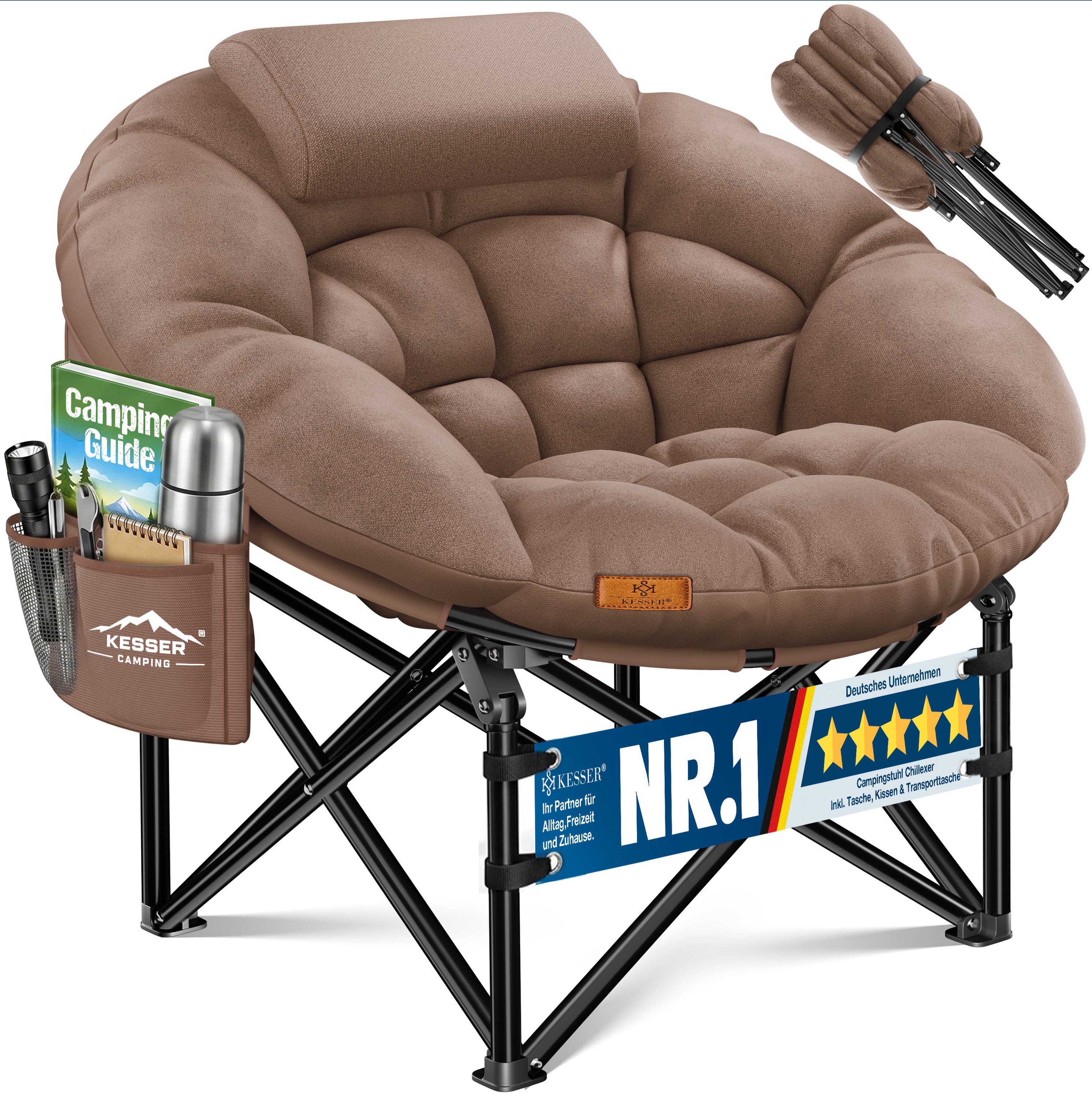 KESSER&reg; Campingstuhl Chillexer faltbar 150 Kg Klappstuhl ultraleicht und breit, dickes Polster mit bequemen Kissen und Seitentasche, Cover, Outdoor + Indoor - rund, Camping, Angeln, Festival, Strand - Bild 1