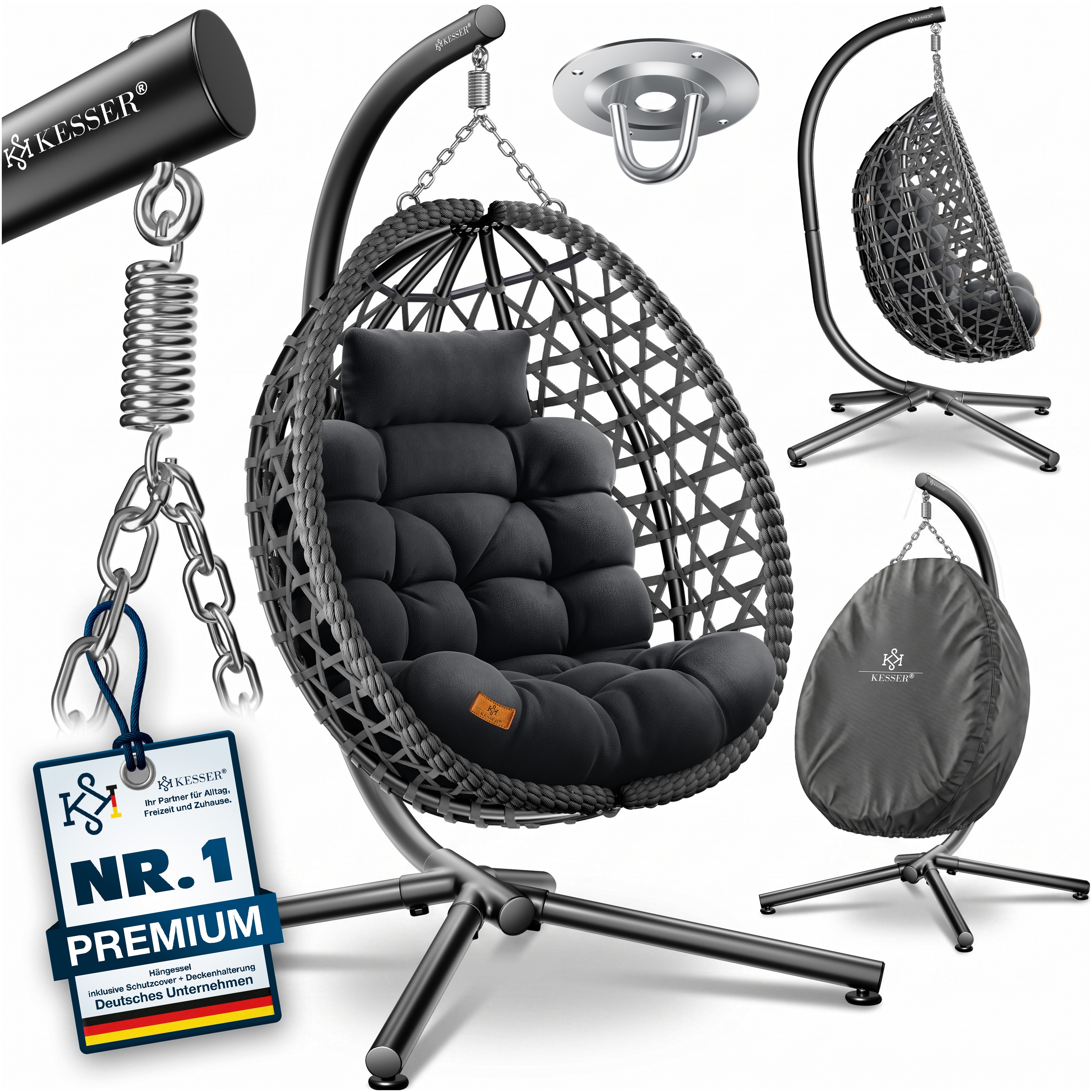 KESSER&reg; H&auml;ngesessel mit Gestell Outdoor Indoor Schaukelstuhl Polyrattan 360&deg; 150kg Tragkraft inkl. Polsterkissen & 2in1 Deckenhalterung + Cover &ndash; Relaxschaukel - Garten, Balkon, Terrasse - Bild 1