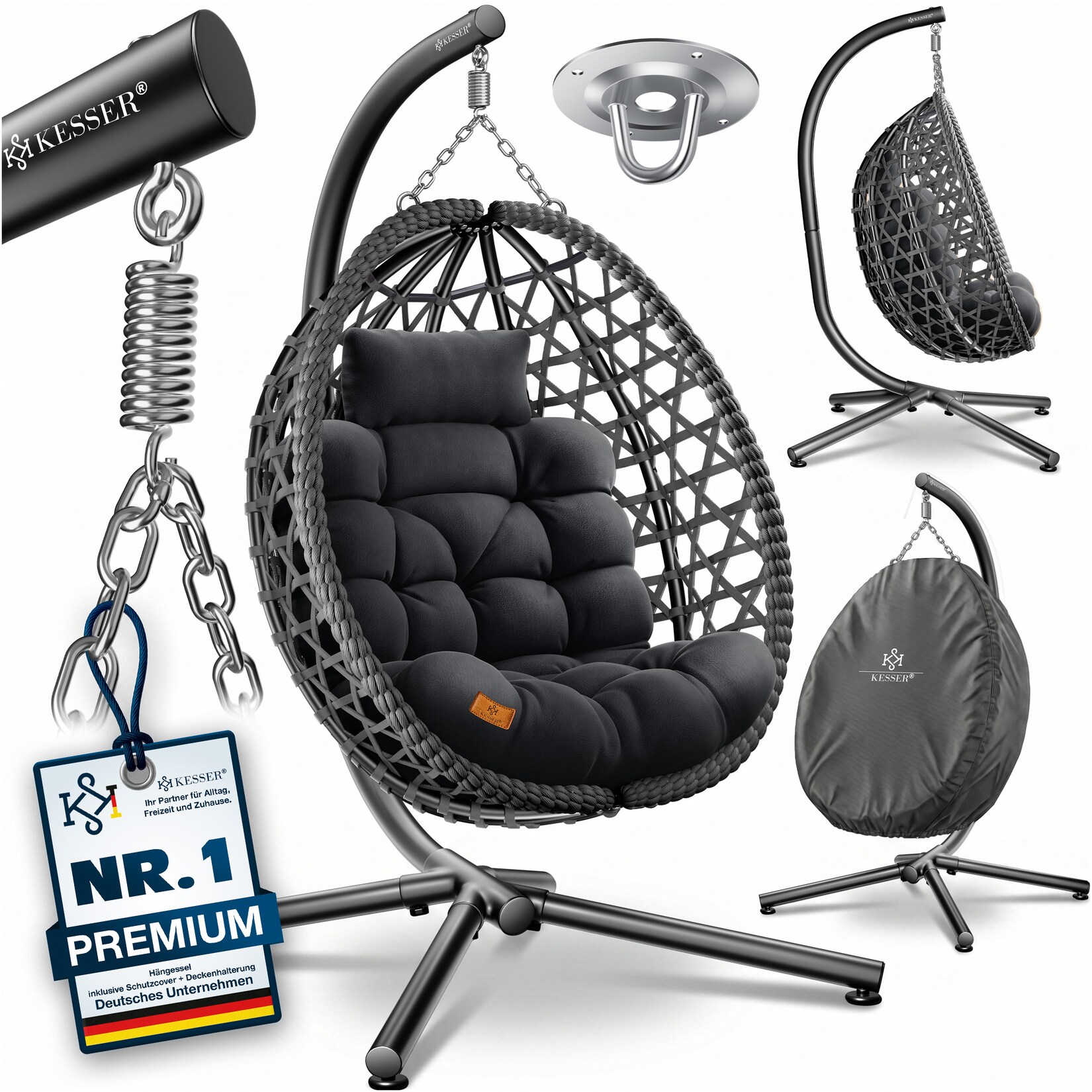 ® Hängesessel mit Gestell Outdoor Indoor Schaukelstuhl Polyrattan 360°  Tragkraft inkl. Polsterkissen & 2in1 Deckenhalterung + Cover – Relaxschaukel - Garten, Balkon, Terrasse