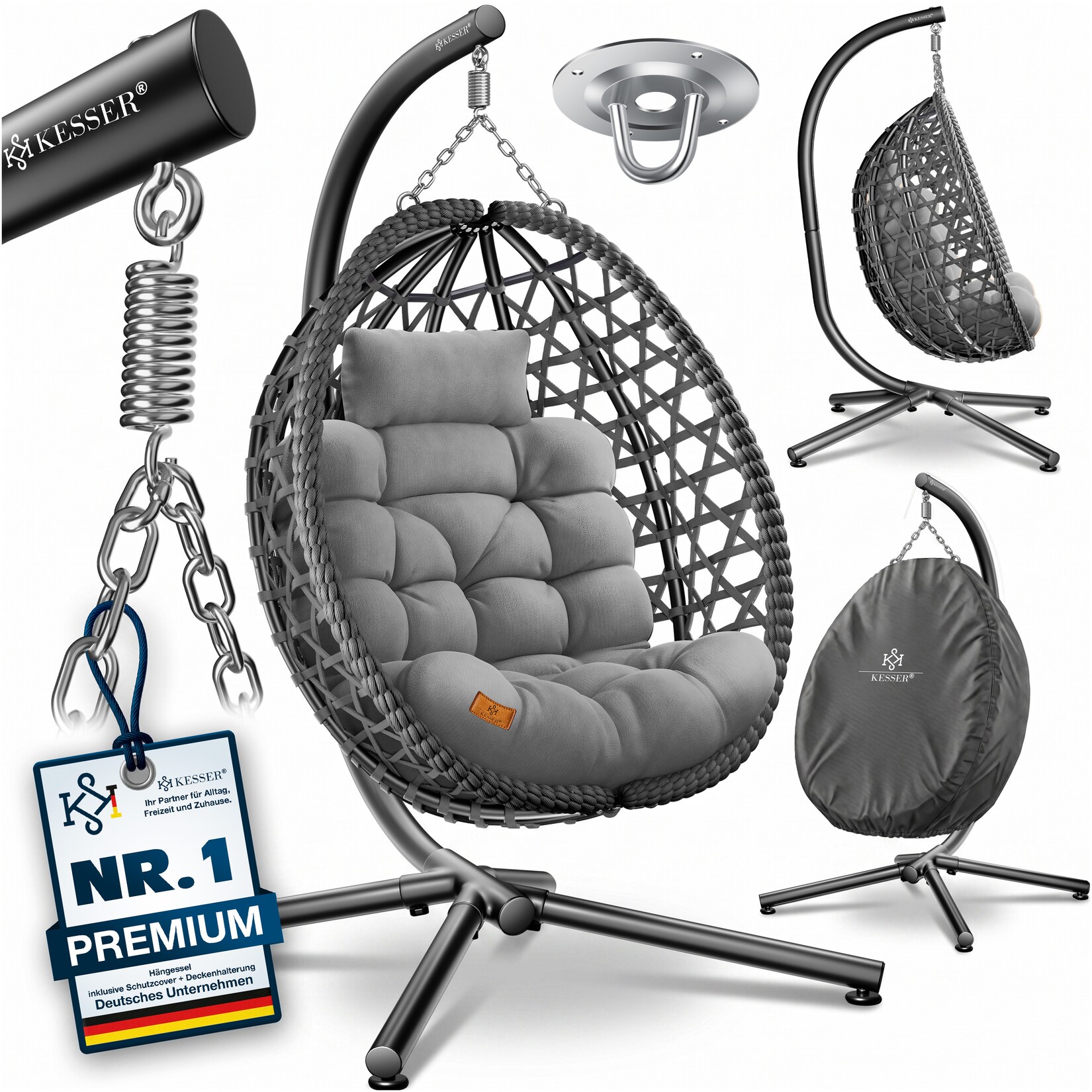 ® Hängesessel mit Gestell Outdoor Indoor Schaukelstuhl Polyrattan 360°  Tragkraft inkl. Polsterkissen & 2in1 Deckenhalterung + Cover – Relaxschaukel - Garten, Balkon, Terrasse