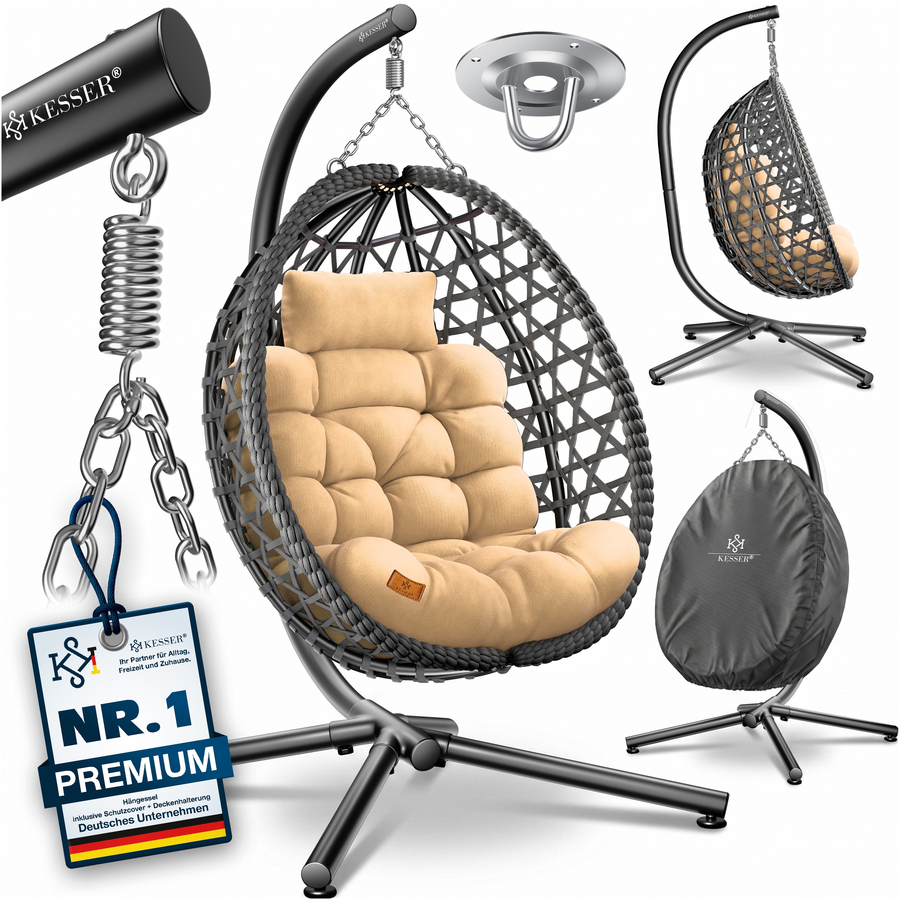 KESSER&reg; H&auml;ngesessel mit Gestell Outdoor Indoor Schaukelstuhl Polyrattan 360&deg; 150kg Tragkraft inkl. Polsterkissen & 2in1 Deckenhalterung + Cover &ndash; Relaxschaukel - Garten, Balkon, Terrasse - Bild 1