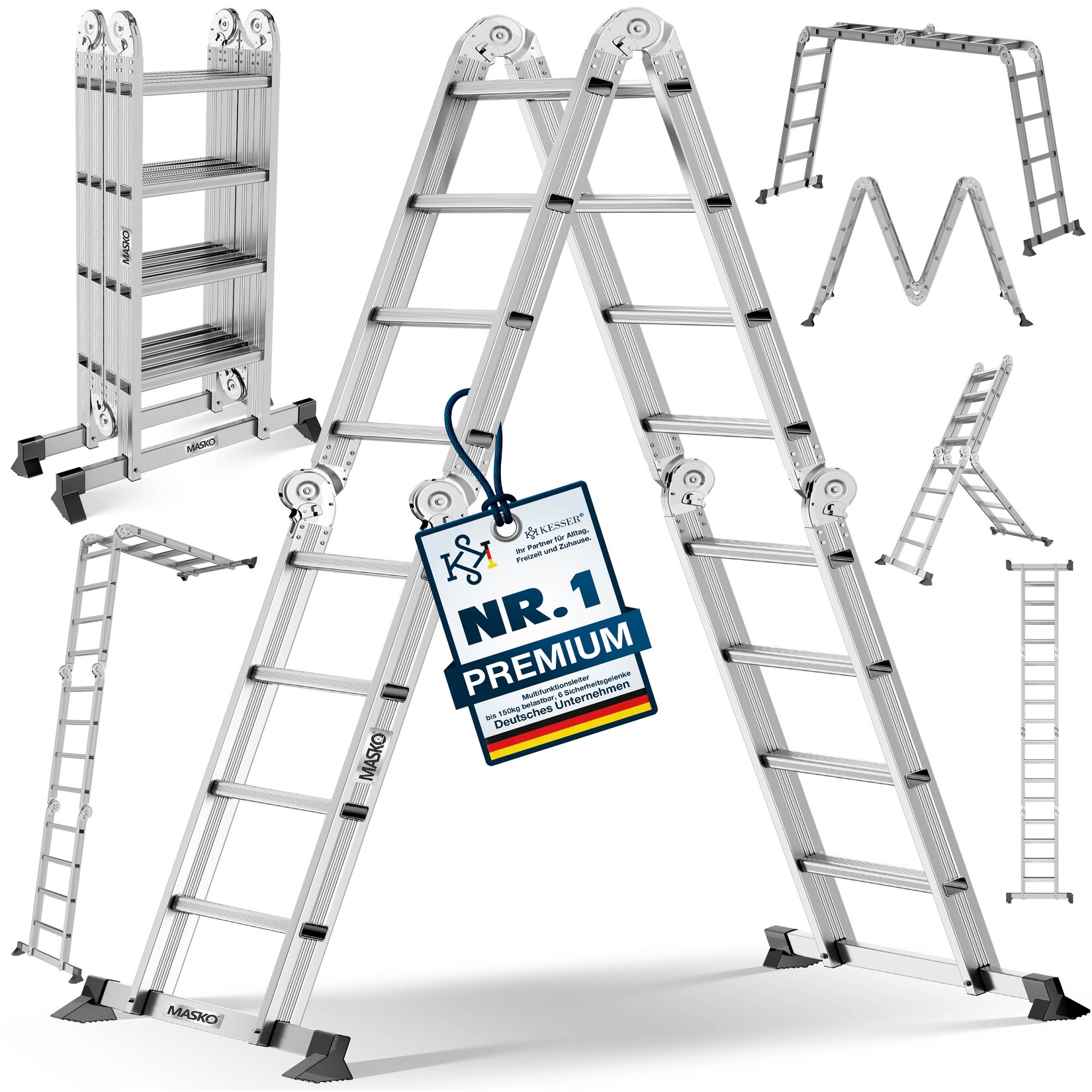 ® Leiter Aluminium  Mehrzweckleiter  belastbar, 6in1 multifunktional mit Verriegelung, Gelenkleiter, Anlegeleiter, beidseitige Steh- und Treppenleiter