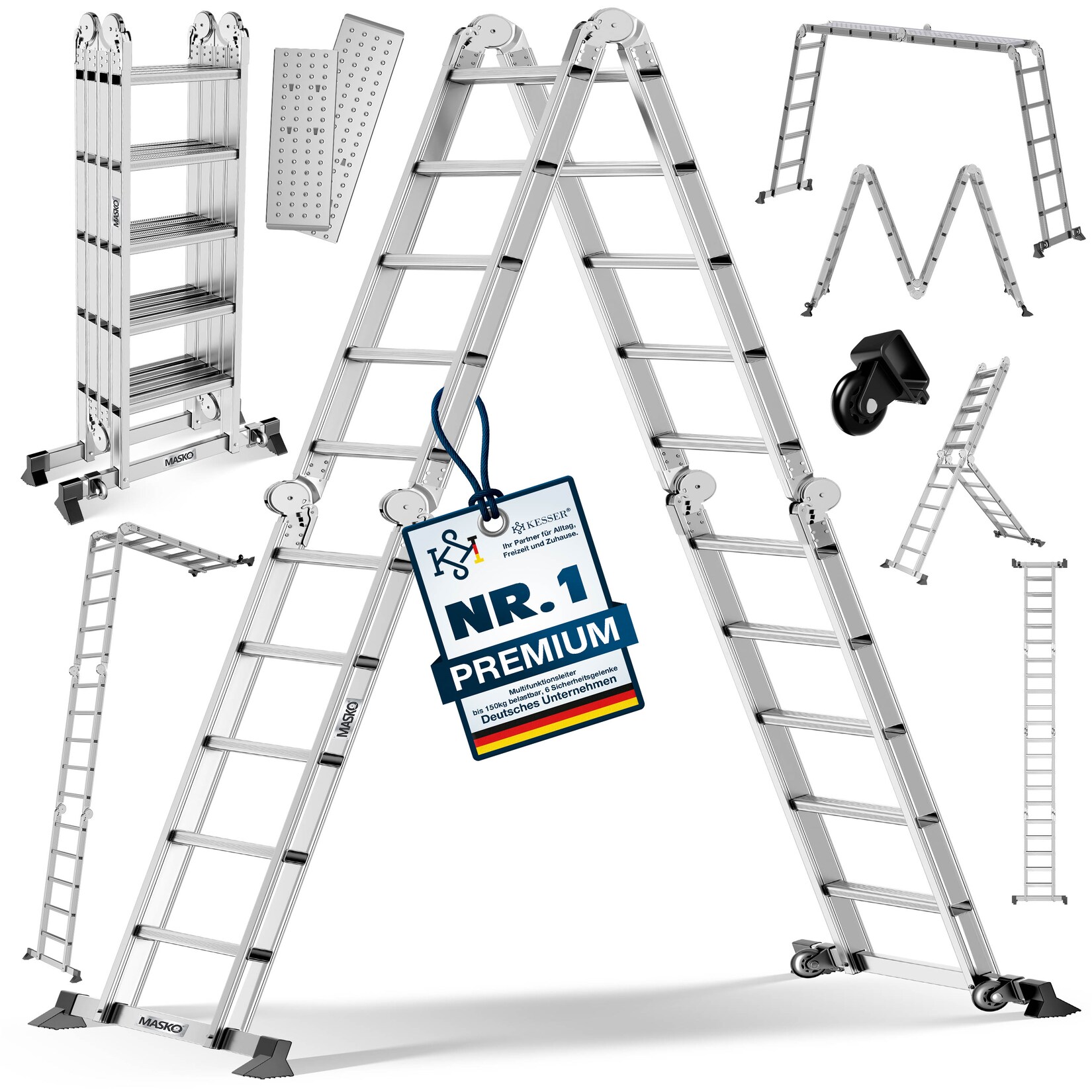 ® Leiter Aluminium  Mehrzweckleiter  belastbar, 6in1 multifunktional mit Verriegelung, Gelenkleiter, Anlegeleiter, beidseitige Steh- und Treppenleiter