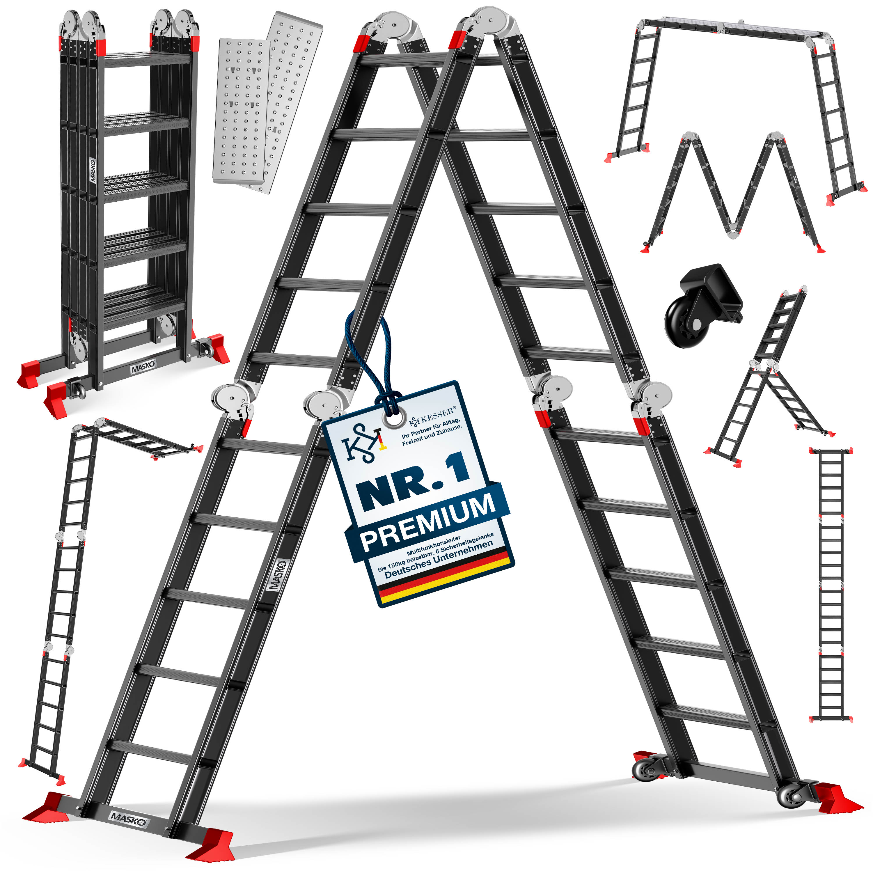 MASKO&reg; Leiter Aluminium  Mehrzweckleiter 150 Kg belastbar, 6in1 multifunktional mit Verriegelung, Gelenkleiter, Anlegeleiter, beidseitige Steh- und Treppenleiter - Bild 1