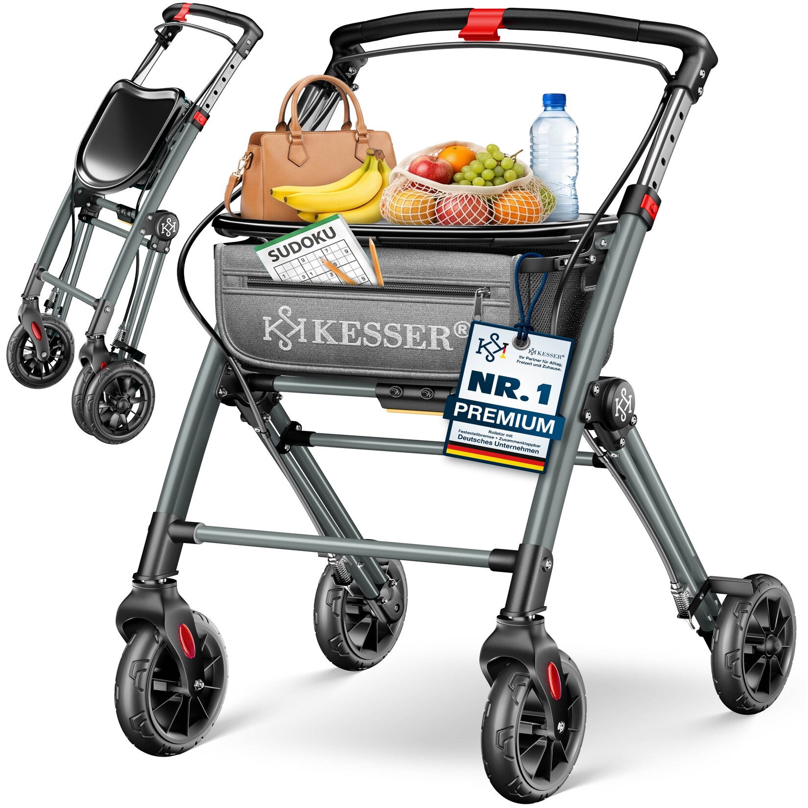® Rollator, leicht klappbar, schmal für Wohnung aus Aluminium,  mit höhenverstellbaren Griffen, Einhand-Faltmechanismus, 360° Rädern, Feststellbremse, abnehmbarem Tablett & Netzkorb, Indoor