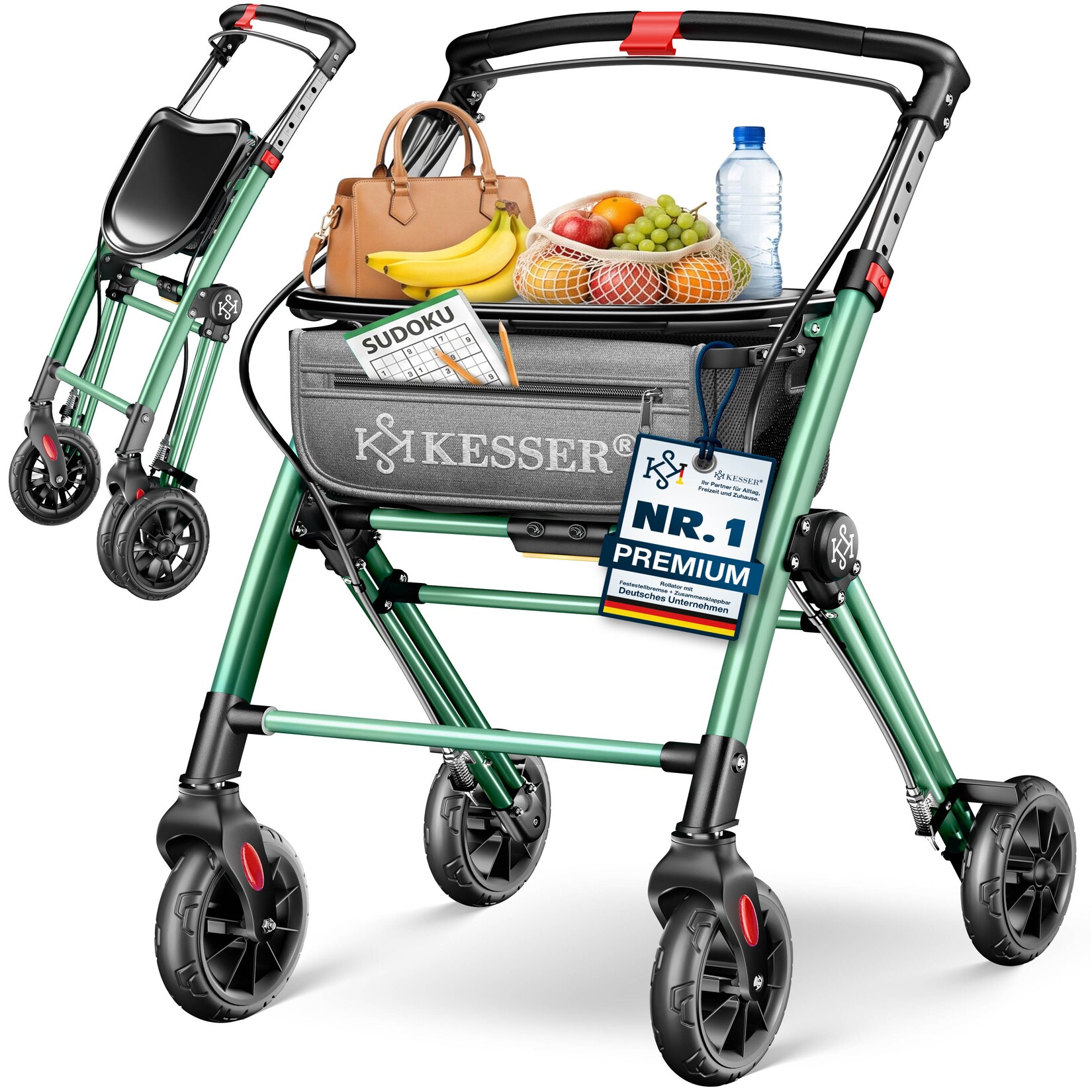 ® Rollator, leicht klappbar, schmal für Wohnung aus Aluminium,  mit höhenverstellbaren Griffen, Einhand-Faltmechanismus, 360° Rädern, Feststellbremse, abnehmbarem Tablett & Netzkorb, Indoor