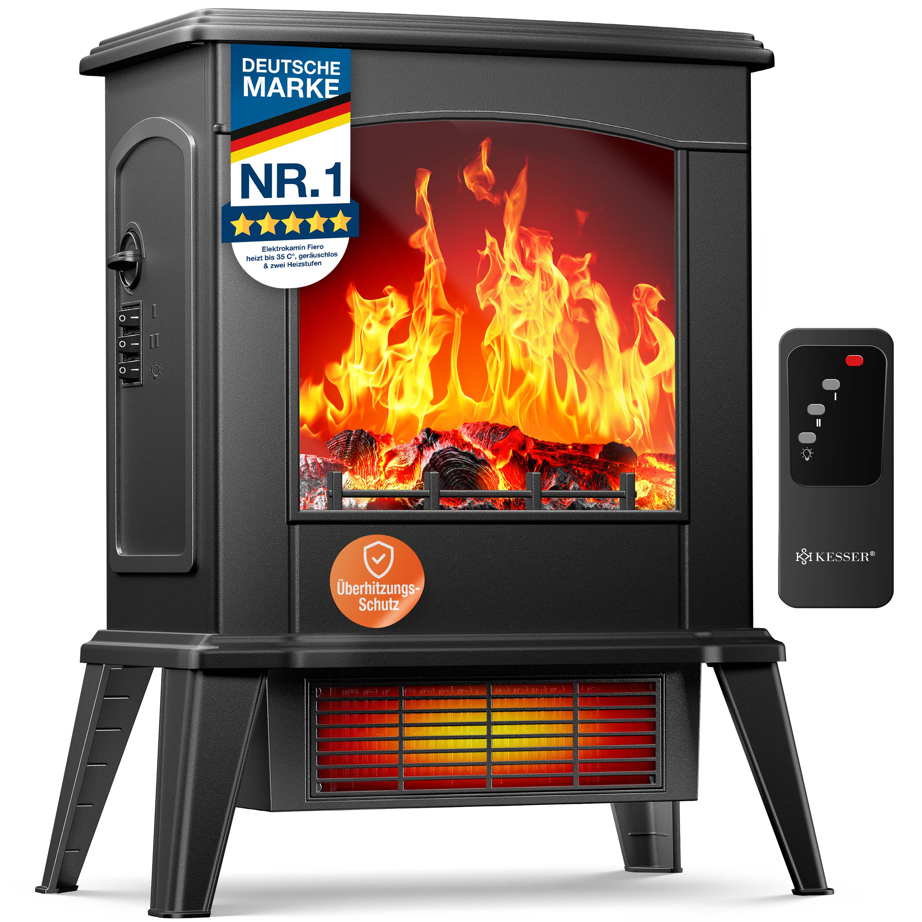 KESSER&reg; LED Kamin Fiero mit Heizung elektrisch | Kaminheizung Elektrokamin Standkamin mit realistischem Feuer -/ Flammeneffekt per Fernbedienung, Thermosicherung verschiedene Heizstufen 2000W - Bild 1