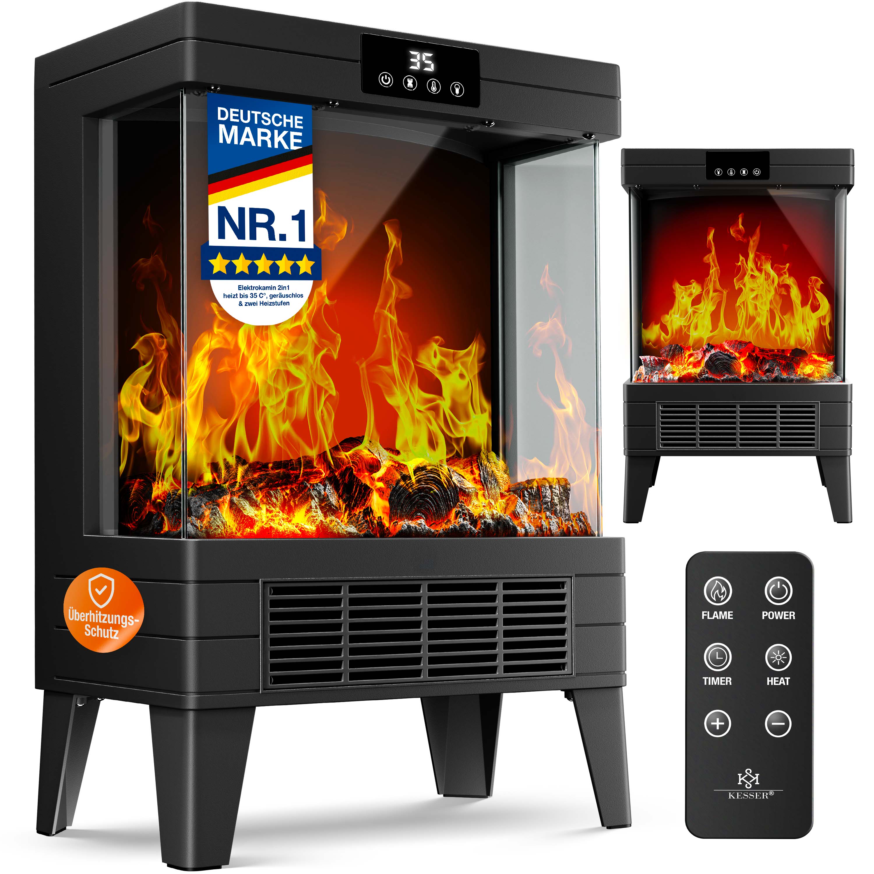 KESSER&reg; LED Kamin Arvo mit Heizung elektrisch | Kaminheizung Elektrokamin Standkamin mit realistischem Feuer -/ Flammeneffekt per Fernbedienung, Timer &Uuml;berhitzungsschutz Zwei Heizstufen, 1800W - Bild 1
