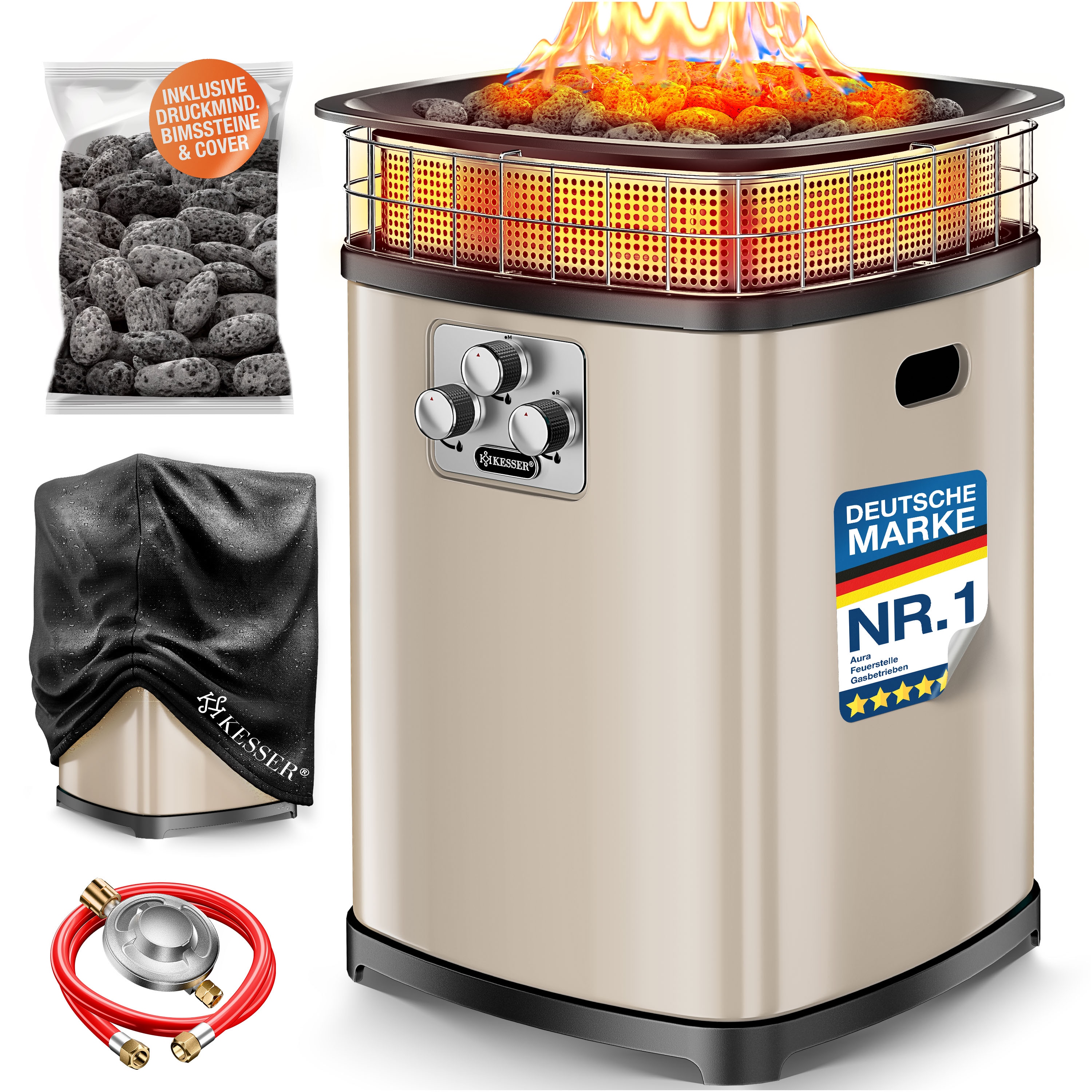 KESSER&reg; Gas-Feuerstelle Aura, 18 kW Heizer, Outdoor, 360&deg; W&auml;rmeverteilung, Terrassenfeuer f&uuml;r Garten, Terrasse & Balkon, bis 120 m&sup2;, Bimssteine, Schutzcover, Deckel, 6 Std. Brenndauer, IP54 - Bild 1